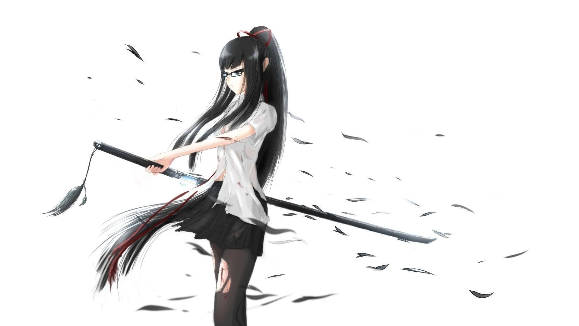 1920x1080 Black And White Swords Women Wallpaper