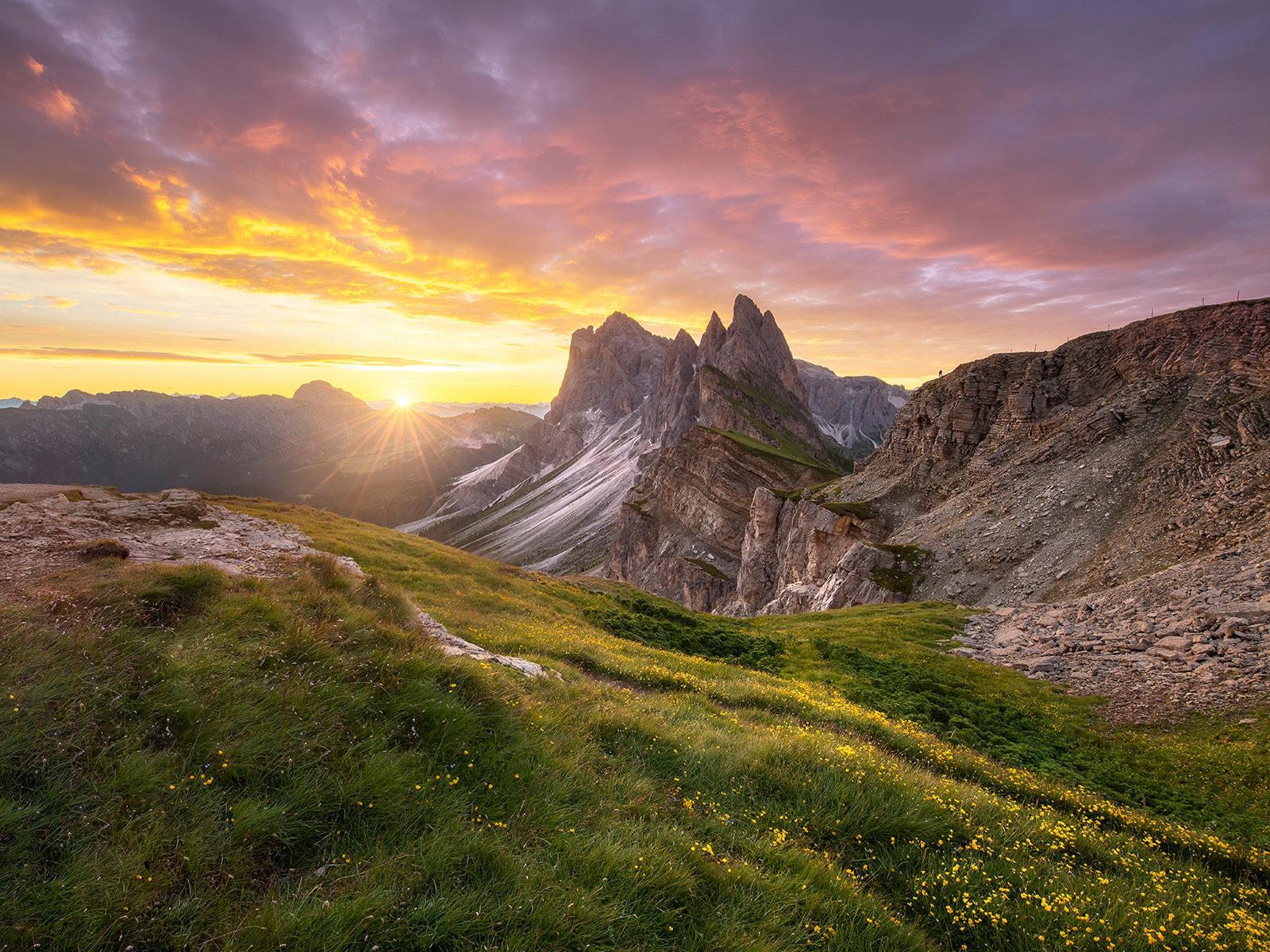 1600x1200 Dolomites Italy Morning Gold Sunrise Green Mountain With Colorful Sky Landscape Wallpaper HD :