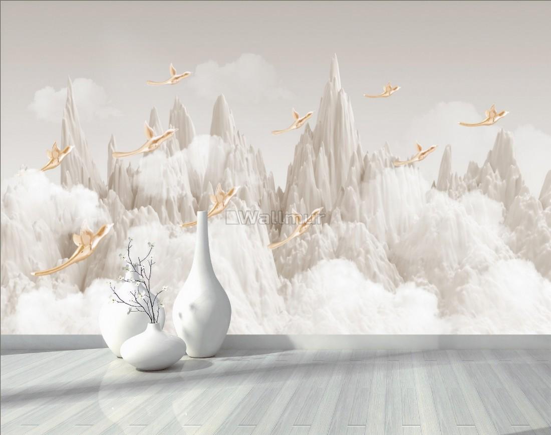 1100x869 3D Look White Mountain and Cloud Landscape with Birds Wallpaper Mural • Wallmur®