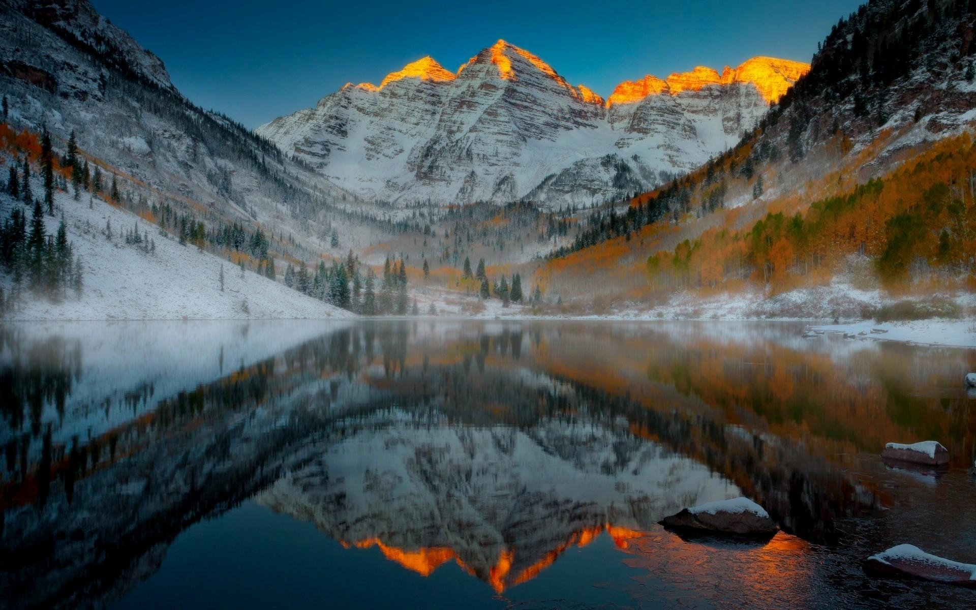 1920x1200 mountains, tip, river, gold, snow