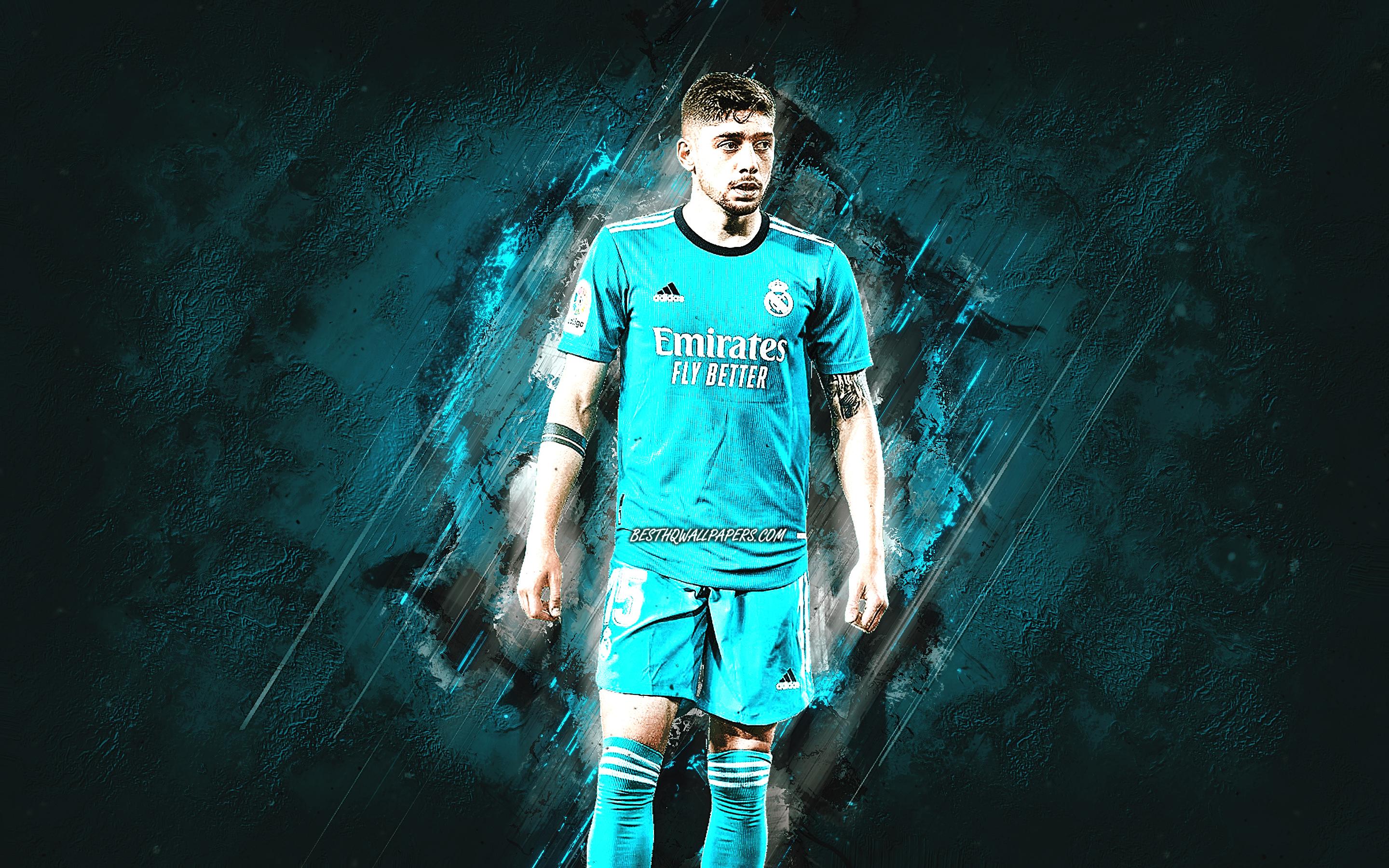 2880x1800 Download wallpaper Federico Valverde, Real Madrid, La Liga, Uruguayan football player, turquoise stone background, grunge art, Spain, football for desktop with resolution 2880x1800. High Quality HD picture wallpaper