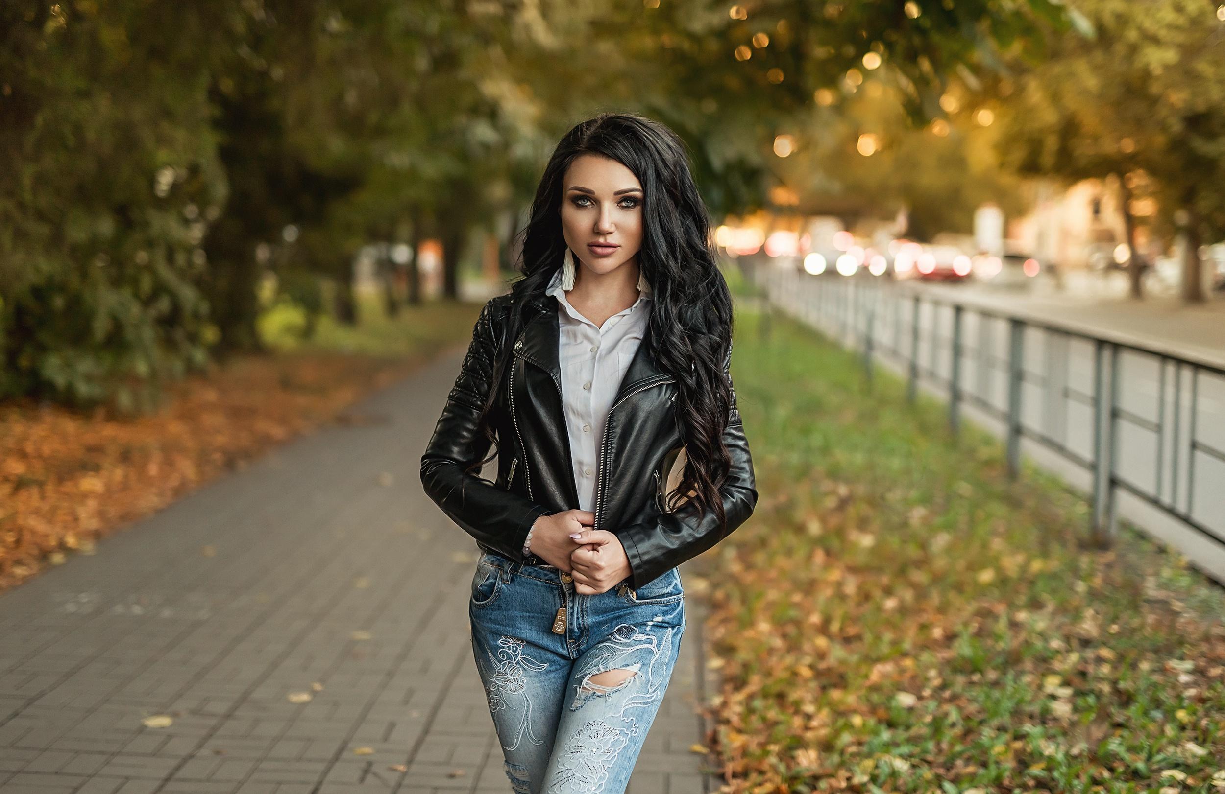 2500x1622 Woman, Leather Jacket, Model, Long Hair, Girl, Depth Of Field, Black Hair wallpaper