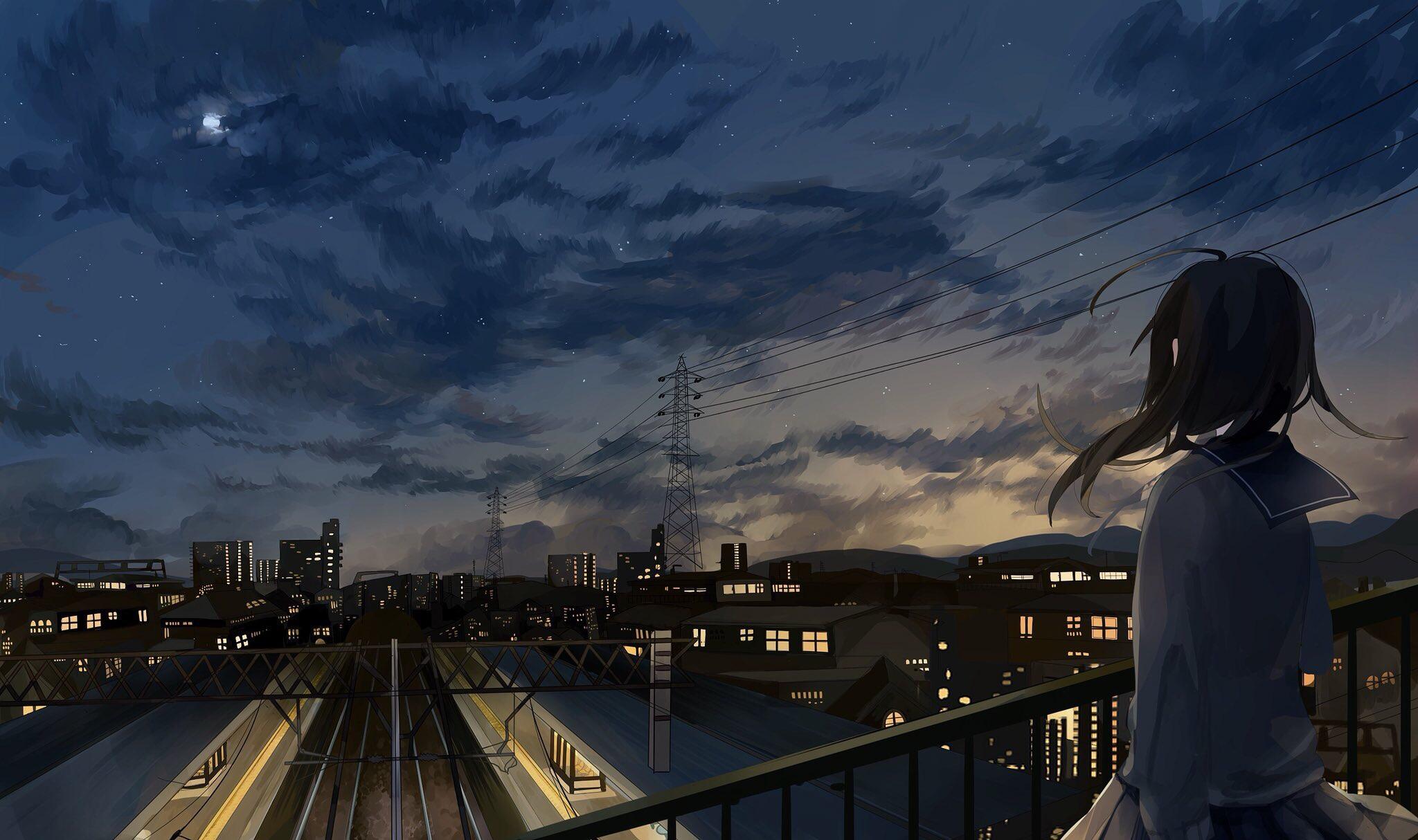 2048x1214 Anime Girl In School Uniform Watching City Sky Wallpaper, HD Anime 4K Wallpaper, Image, Photo and Background
