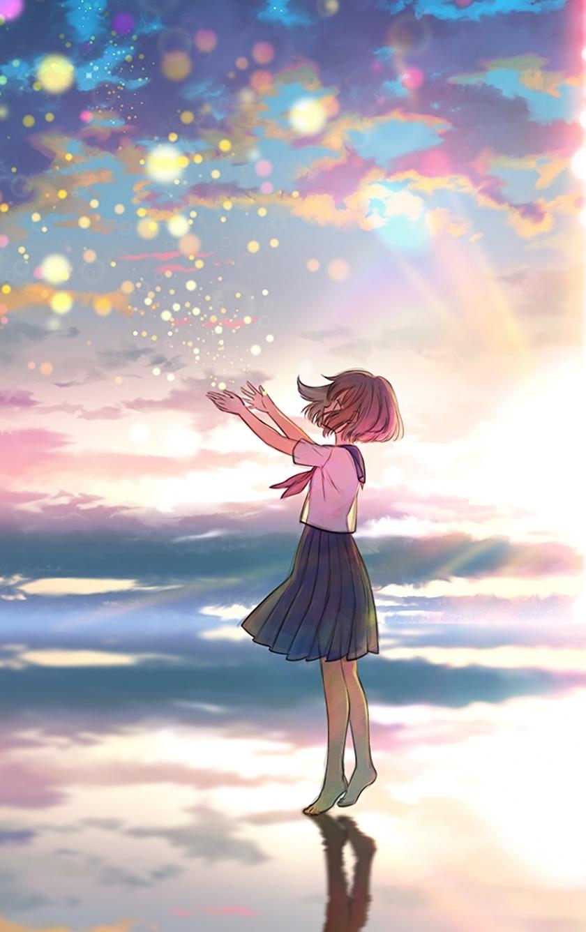 840x1336 Download outdoor, colorful, sky, sunset, original, anime girl 840x1336 wallpaper, iphone iphone 5s, iphone 5c, ipod touch, 840x1336 HD image, background, 7757