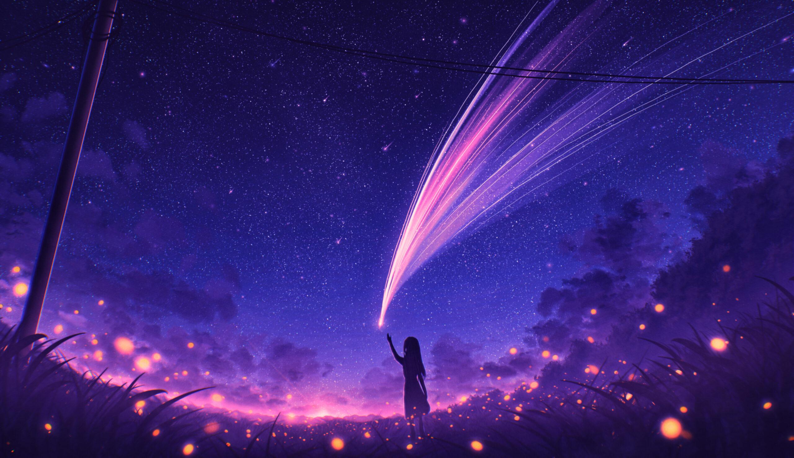 2560x1477 Anime Girl and Cool Starry Sky Wallpaper