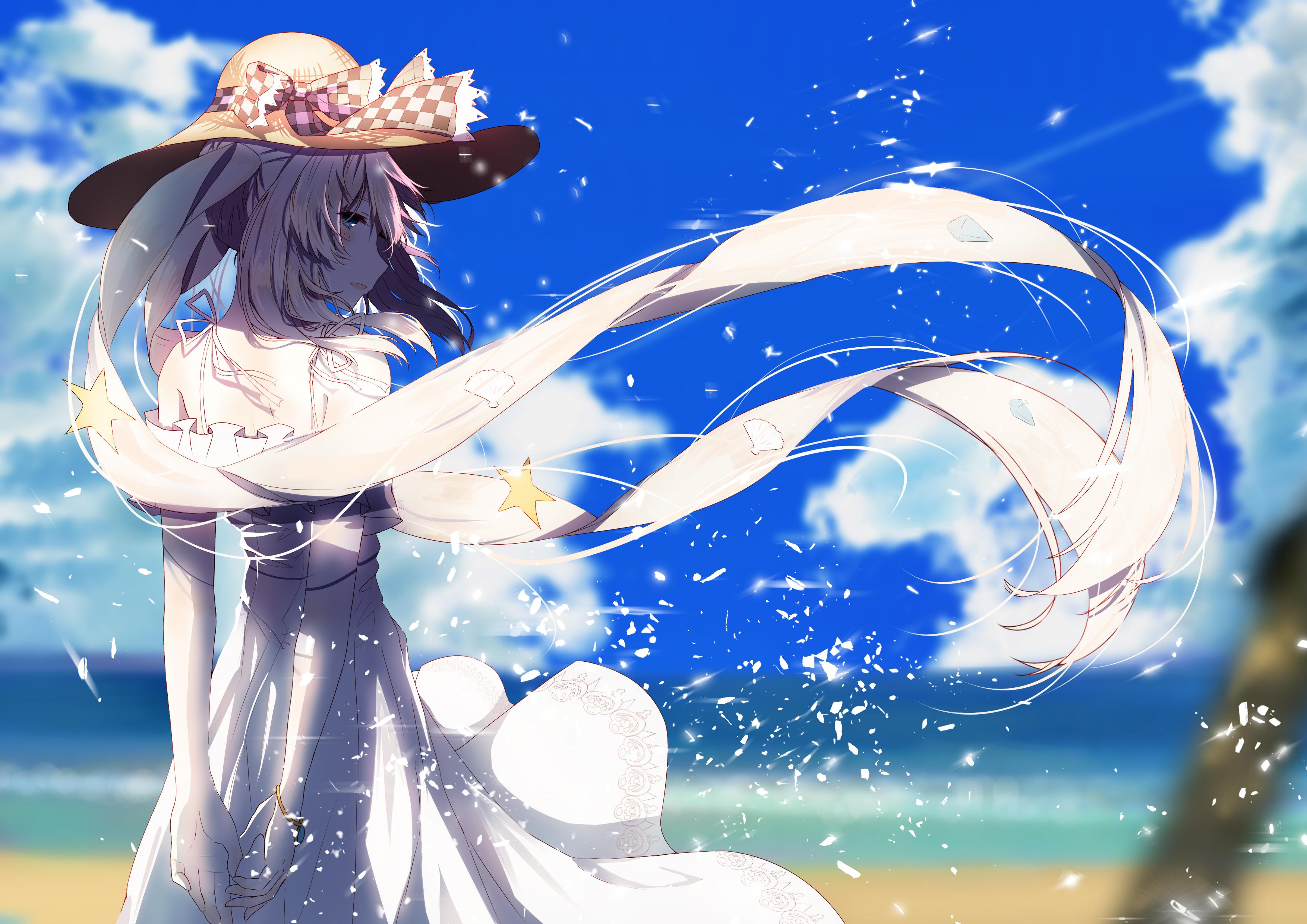 3507x2480 #FateGrand Order, #windy, #water, #clouds, #twintails, #beach, #long hair, #summer dress, #blue, #anime girls, #dress, #aqua eyes, #Fate Series, #sky, wallpaper HD Wallpaper