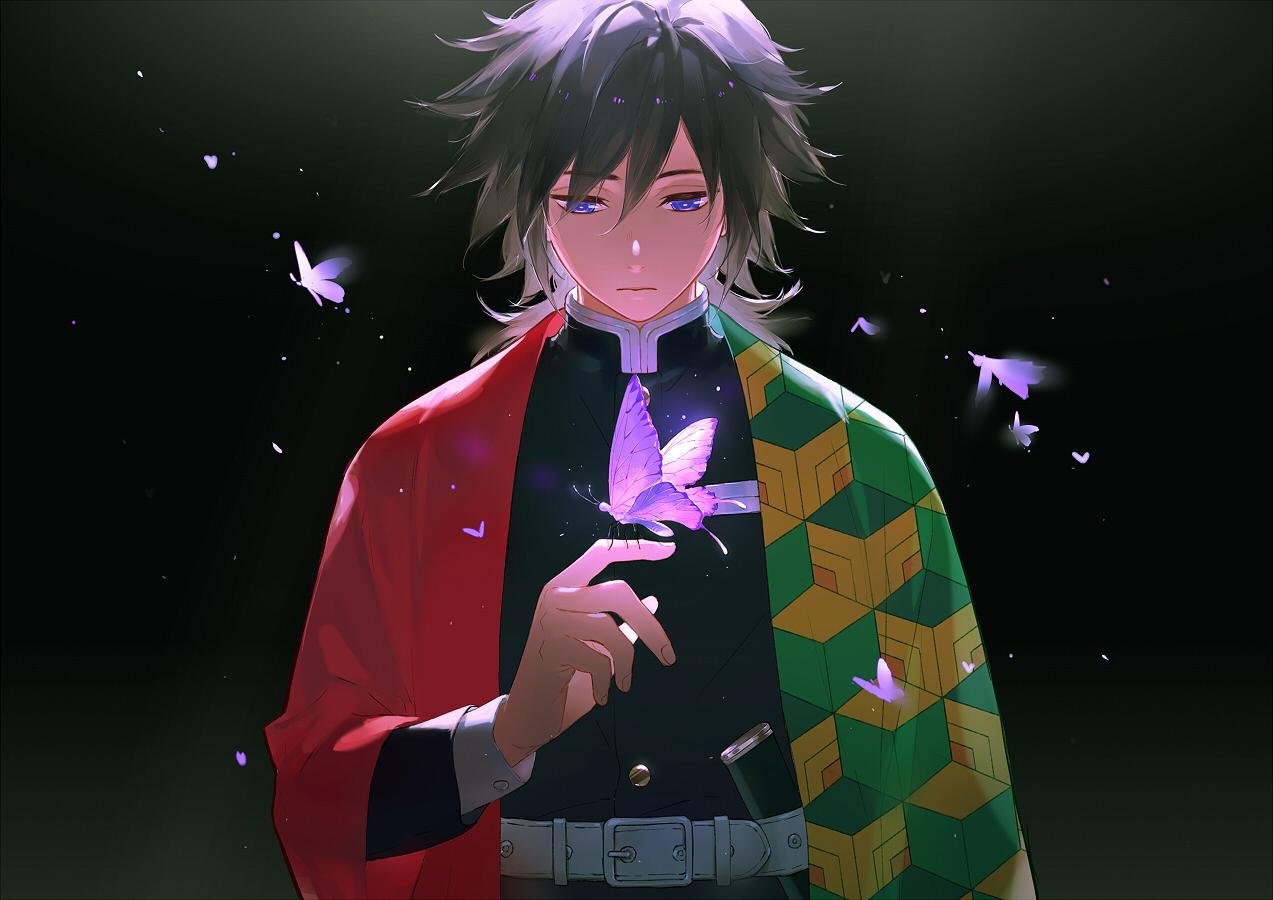 1273x900 Giyuu with butterfly sad wallpaper. Download Demon Slayer Theme