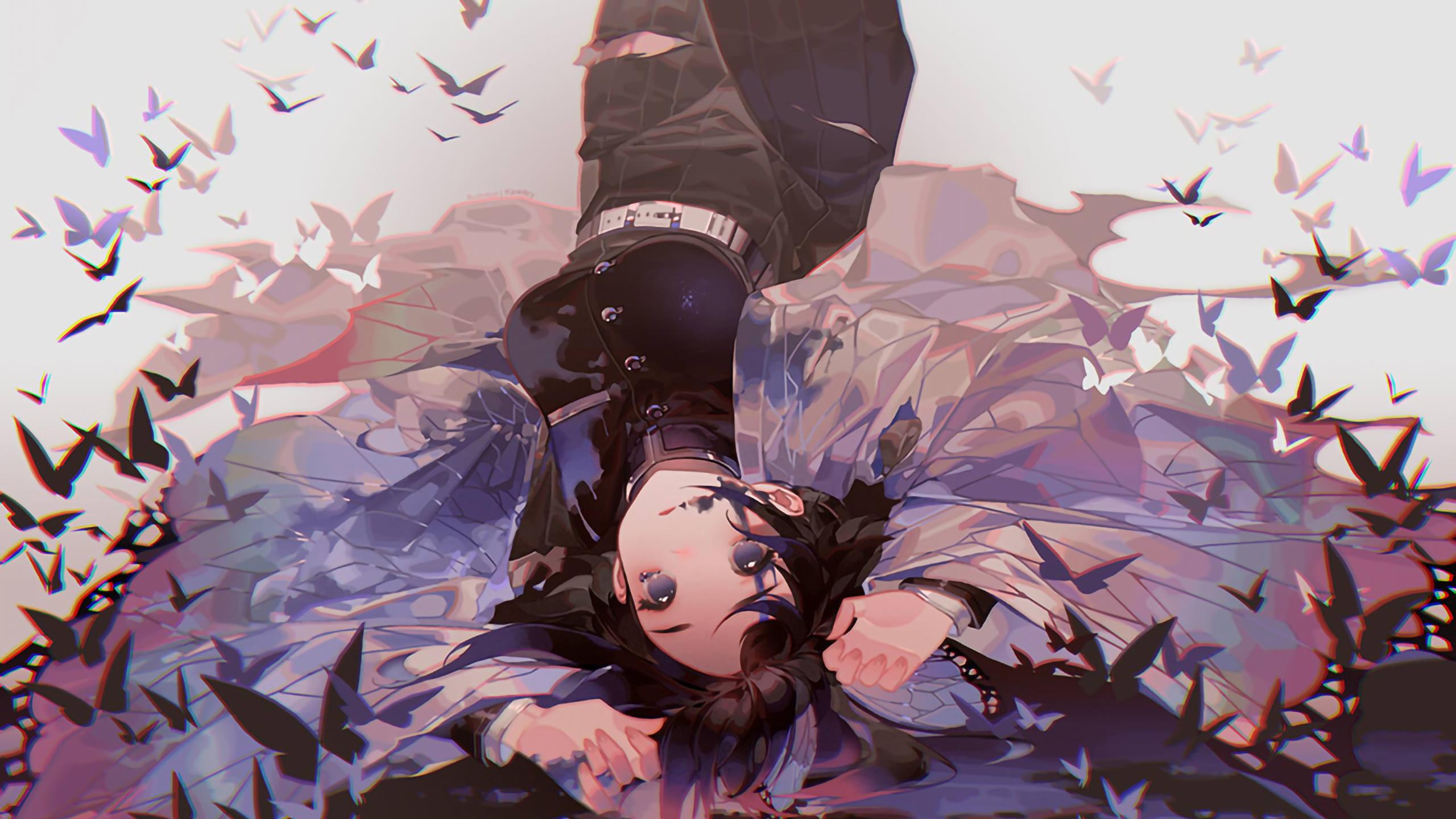 2560x1440 Demon Slayer Shinobu Kochou Upside Down With Butterflies With Gray Background HD Anime Wallpaper