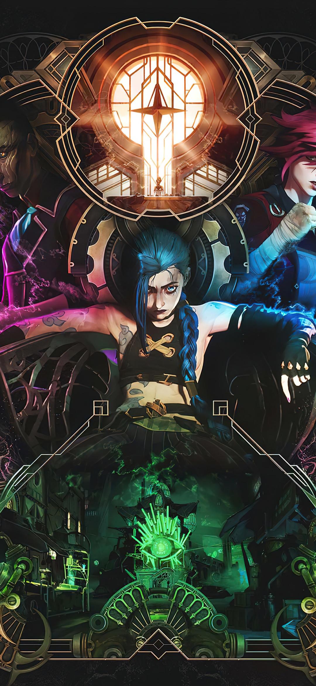 1080x2340 Arcane Wallpaper 4K, League of Legends, Vi, Jinx, Dark background, Graphics CGI