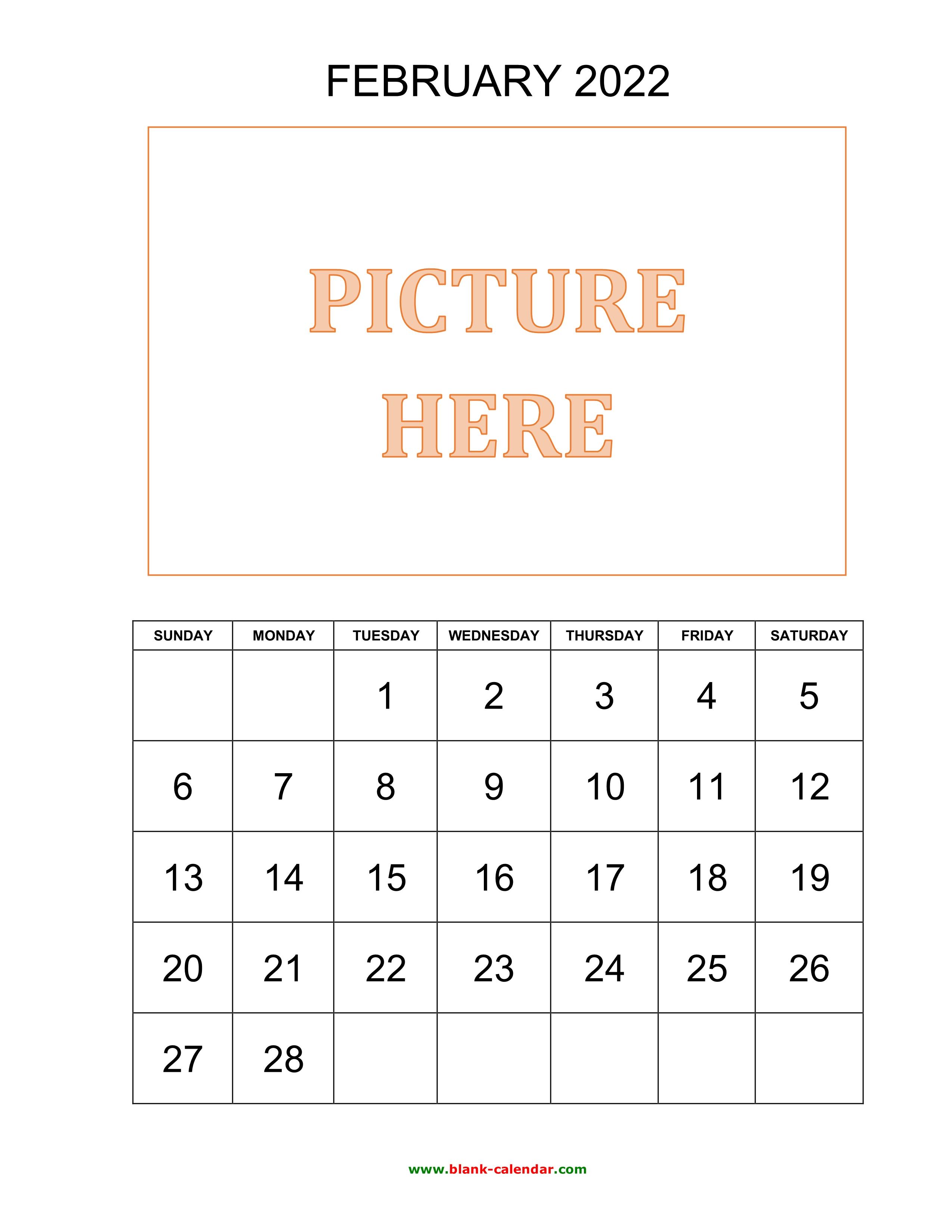 2550x3300 Free Download Printable February 2022 Calendar, picture can be placed