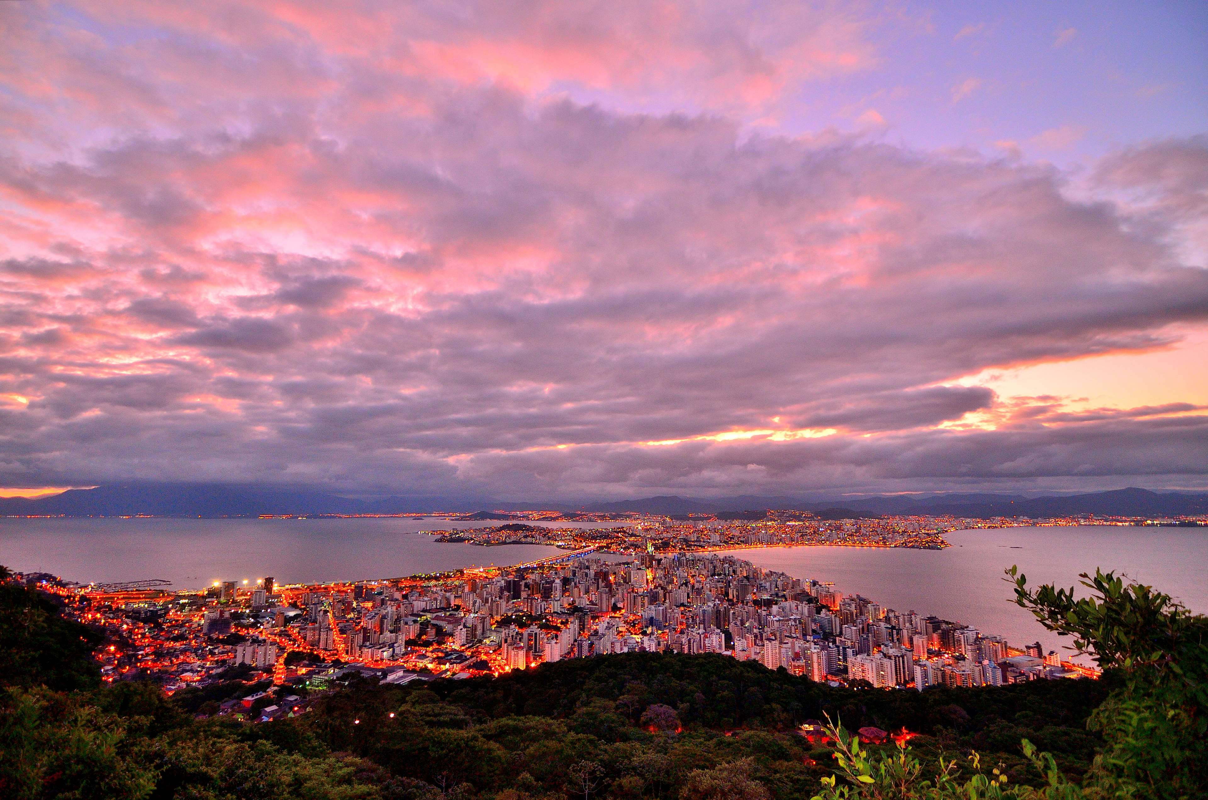 3840x2543 beach, brazil, buildins, city, citylights, cityscape, coastal land, dawn, dusk, florianopolis, landscape, mountain, ocean, outdoors, scenery, sea, seascape, seashore, summer, sunset, travel, view, 4k wallpaper