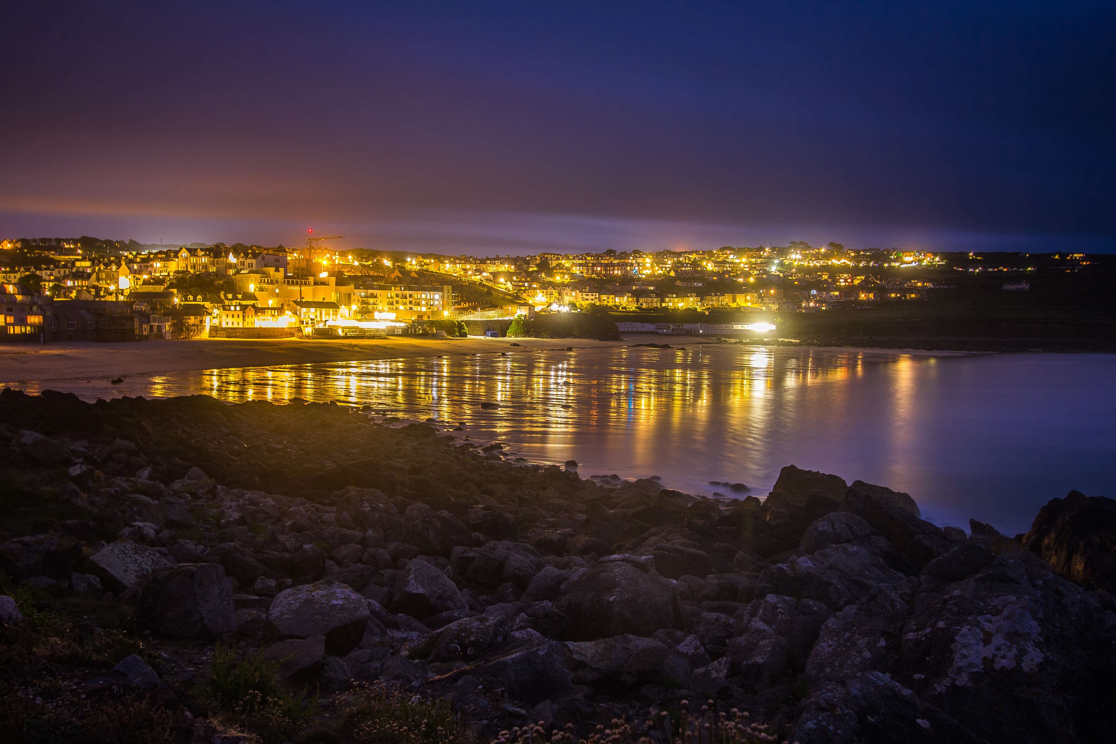 3840x2560 bay, beach, city, cityscape, coastal land, cornwall, dawn, dusk, england, evening, landscape, light, night, ocean, outdoors, reflection, scenery, sea, seashore, st ives, town, travel, water 4k wallpaper