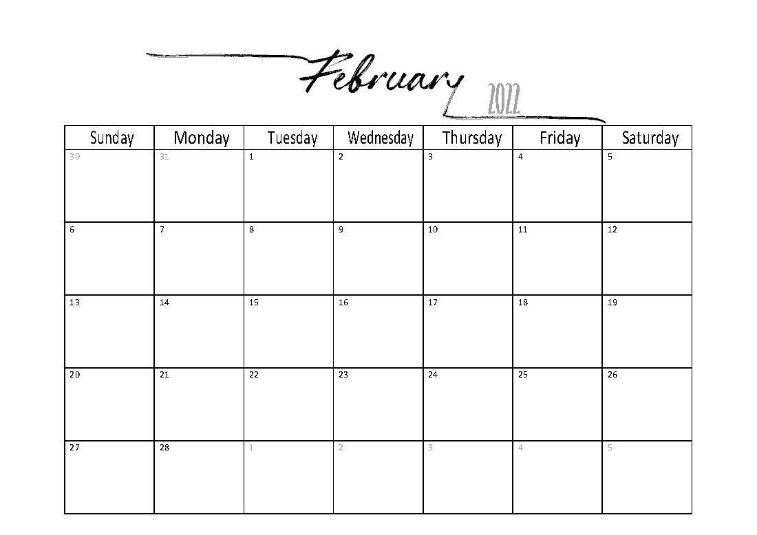 1100x778 February 2022 Calendar. Instant Download Designs