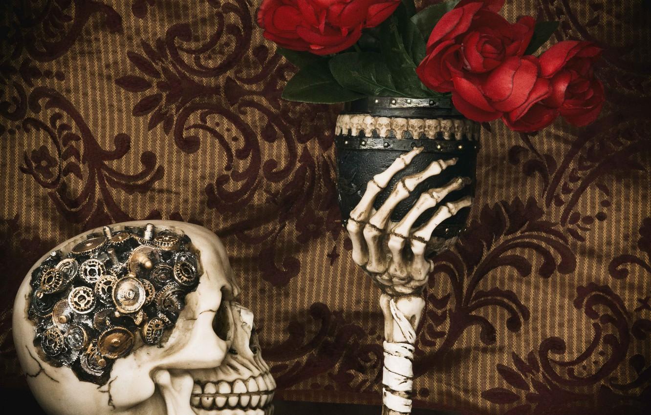 1332x850 Wallpaper flowers, style, glass, skull, mechanism, hand, roses, bones, gear image for desktop, section стиль
