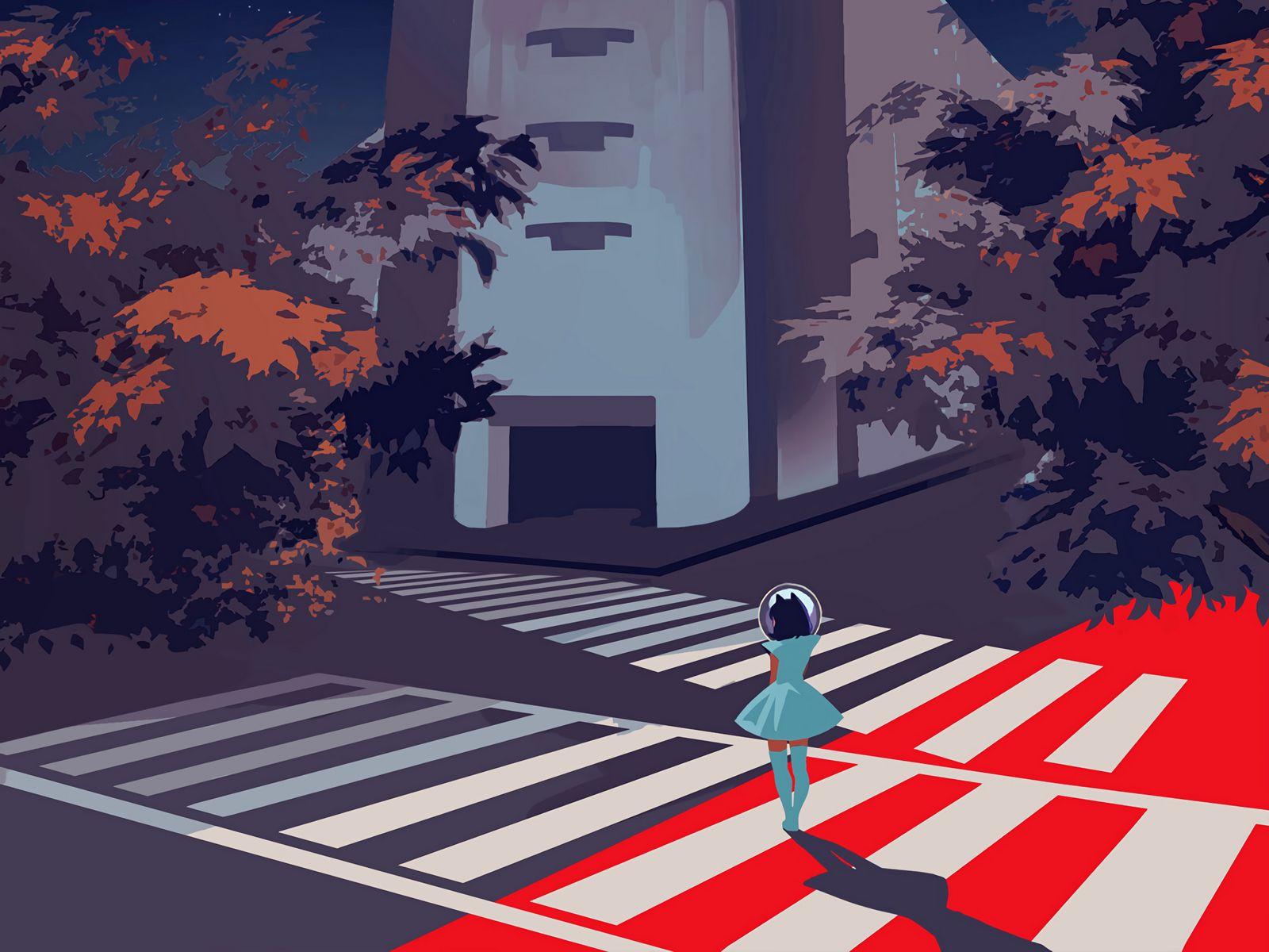 1600x1200 Download wallpaper 1600x1200 crosswalk, silhouette, art, building, night standard 4:3 HD background