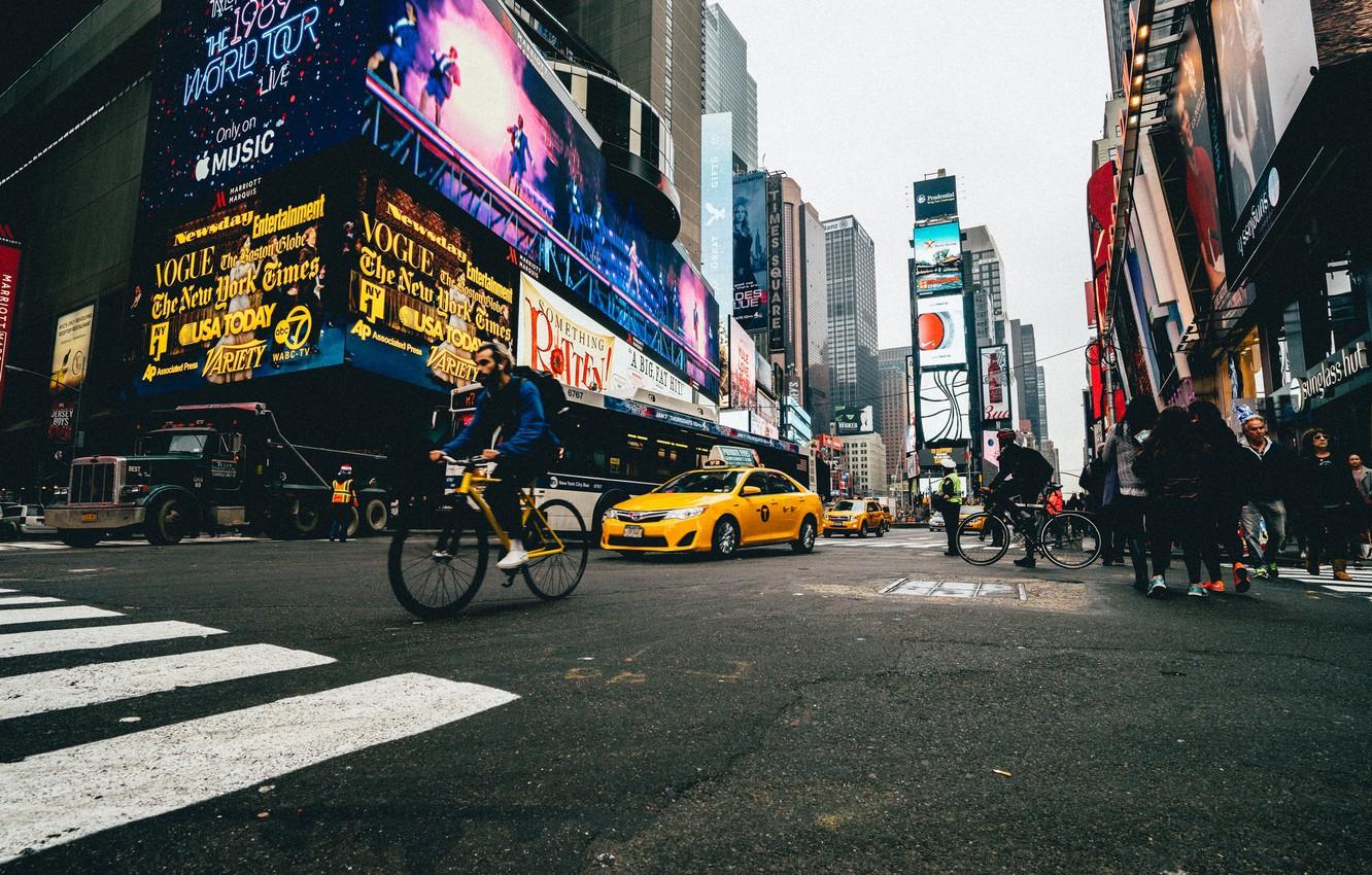 1332x850 Wallpaper United States, New York, Manhattan, street, people, rider, Times Square, workers, cityscape, bikes, cyclist, crosswalk, cabs, everyday life, urban secene image for desktop, section город
