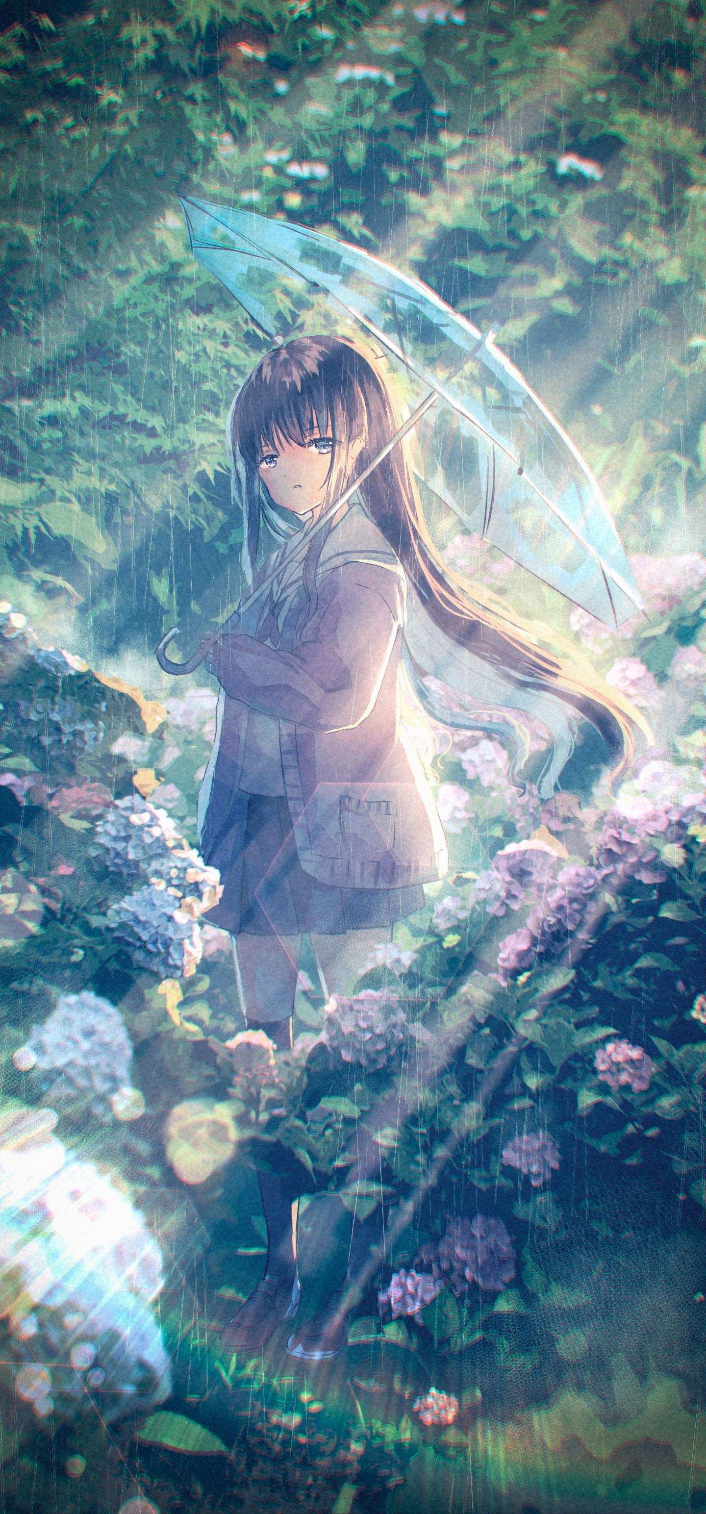 1440x3088 Download 1440x3088 Anime Girl, School Uniform, Raining, Umbrella, Park, Plants, Sweater Wallpaper for Samsung Galaxy Note 20 Ultra