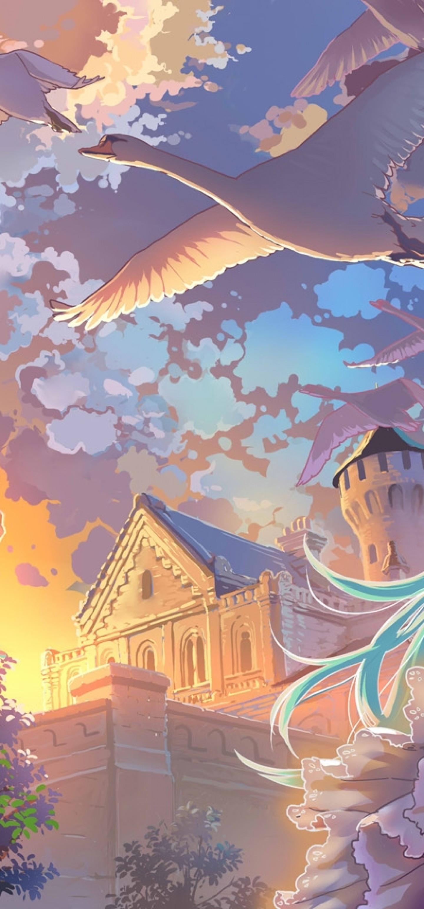 1440x3088 Download 1440x3088 Hatsune Miku, Anime Landscape, Birds, Scenic, Sunlight, Vocaloid Wallpaper for Samsung Galaxy Note 20 Ultra