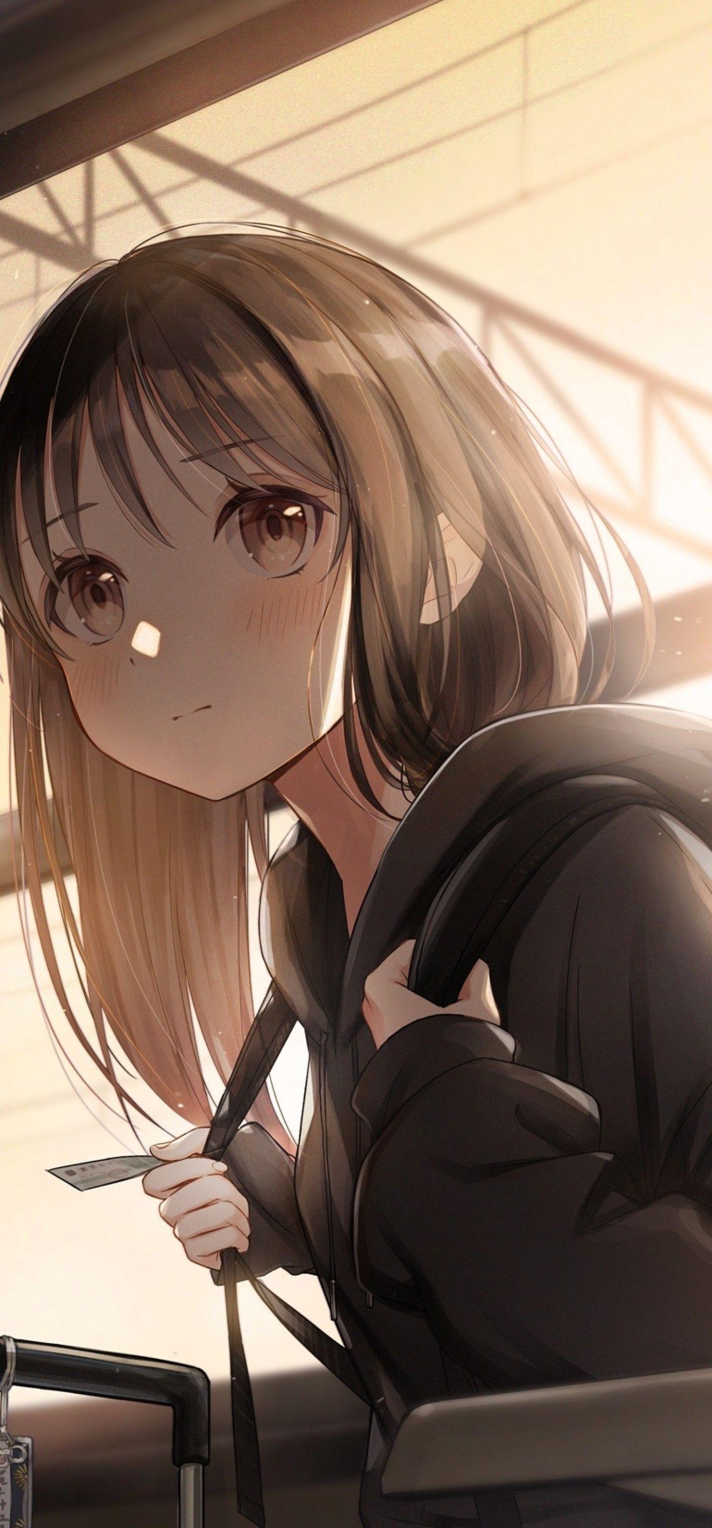 1440x3088 Anime Cute Girl With Hoodie Wallpaper