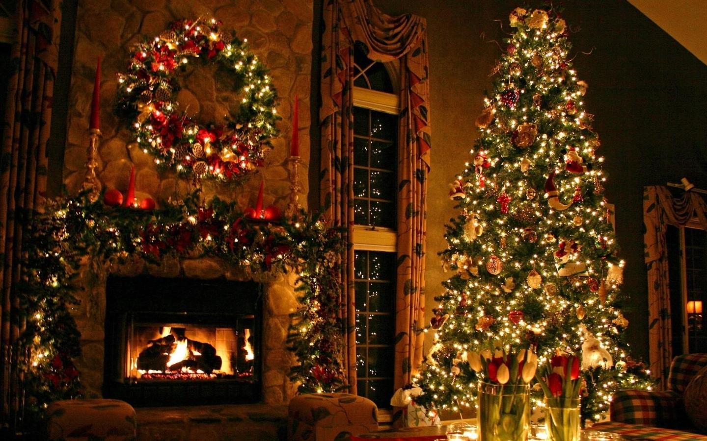 1440x900 christmas tree, ornaments, fireplace 1440x900 Wallpaper, HD Holidays 4K Wallpaper, Image, Photo and Background