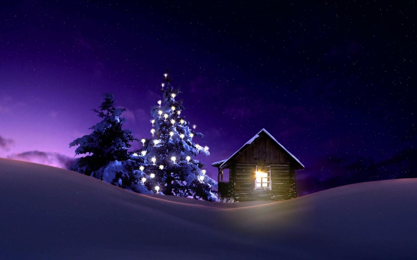 1440x900 Christmas Lighted Tree Outside Winter Cabin 1440x900 Wallpaper, HD Holidays 4K Wallpaper, Image, Photo and Background