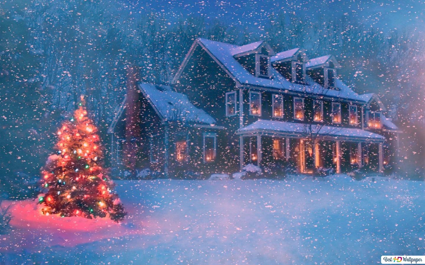 1440x900 Christmas House in Winter Snowstorm HD wallpaper download