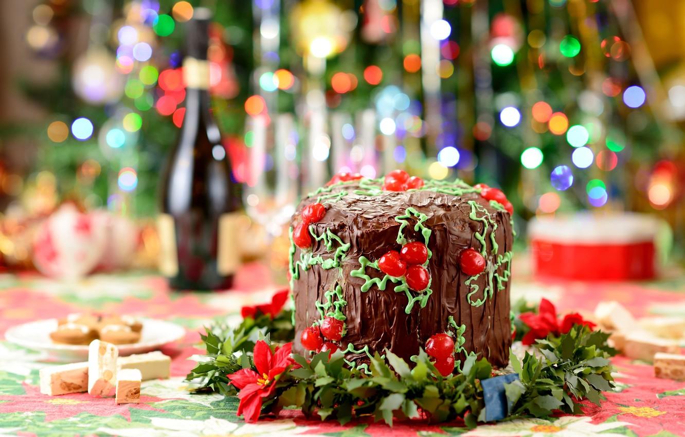 1332x850 Wallpaper winter, lights, table, food, chocolate, New Year, Christmas, cake, Christmas, cake, cakes, holidays, bokeh, New Year image for desktop, section новый год
