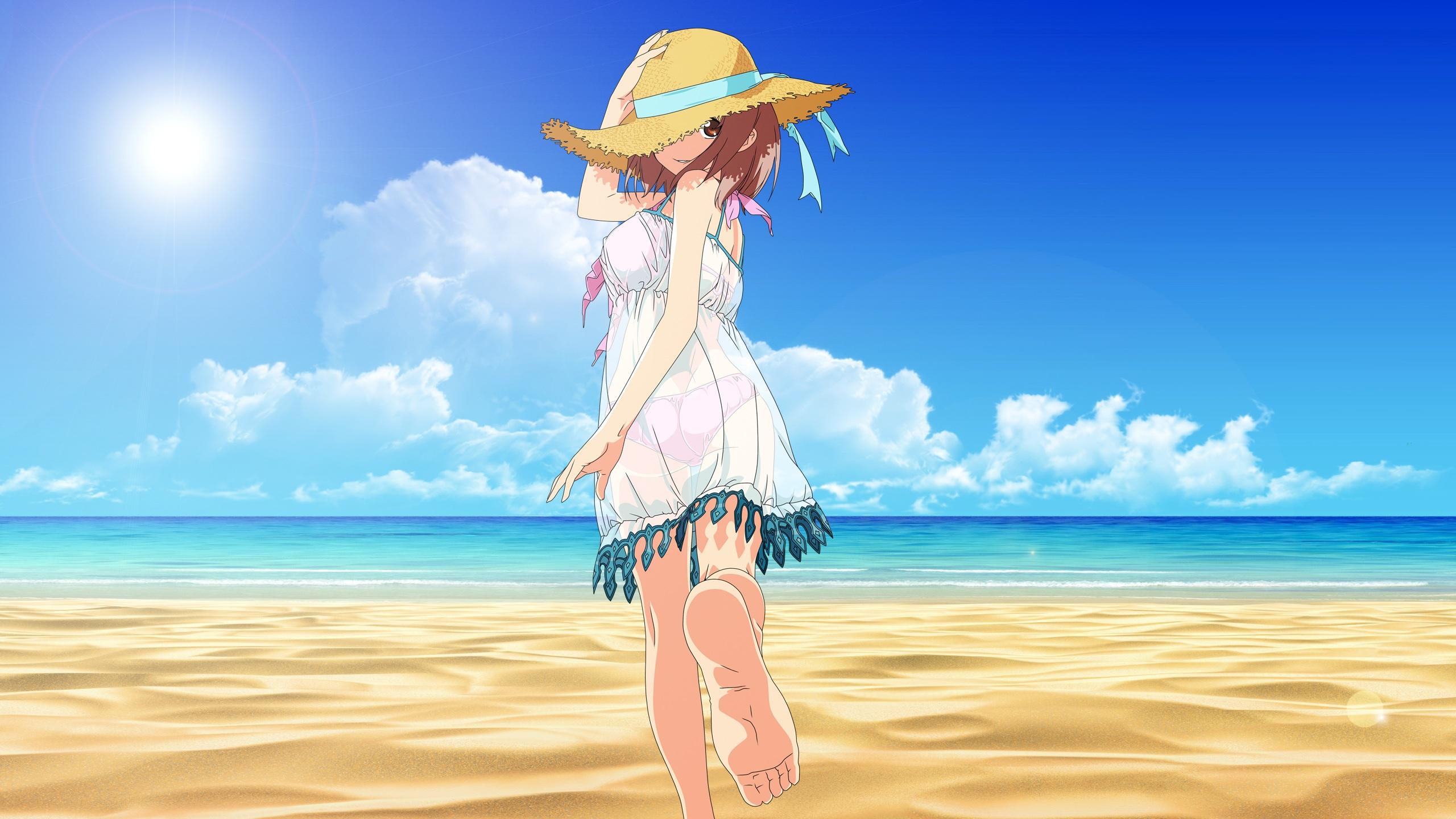 2560x1440 hataraku, Maou sama, Barefoot, Beach, Brown, Eyes, Brown, Hair, Clouds, Hat, Hataraku, Maou sama, Sasaki, Chiho, See, Through, Short, Hair, Sky, Summer, Summer, Dress, Water Wallpaper HD / Desktop and Mobile Background