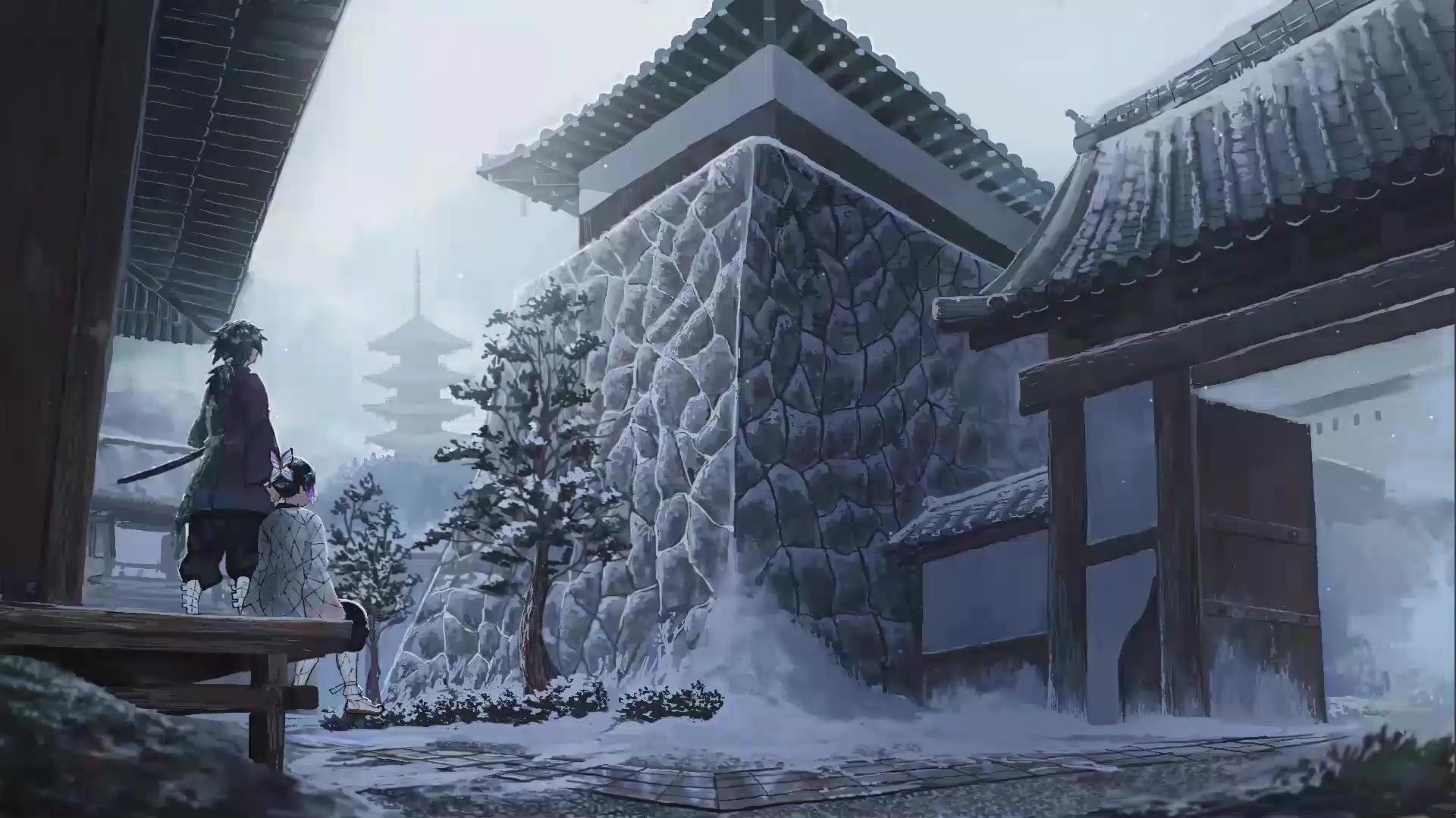 1920x1080 Giyu Tomioka And Kochou Shinobu Under Snow Storm Live Wallpaper