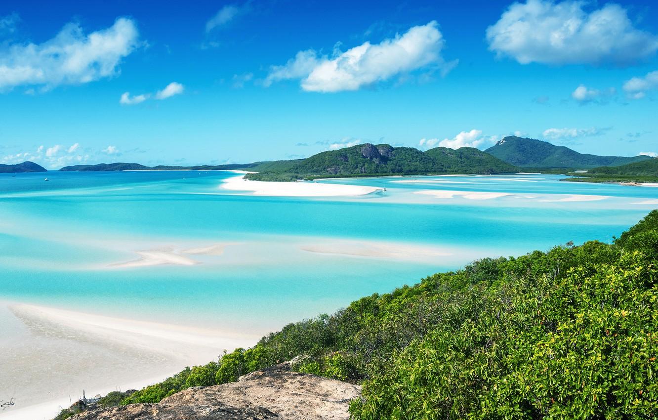 1332x850 Wallpaper sea, greens, the sky, the sun, clouds, coast, Australia, Whitsunday Island image for desktop, section пейзажи