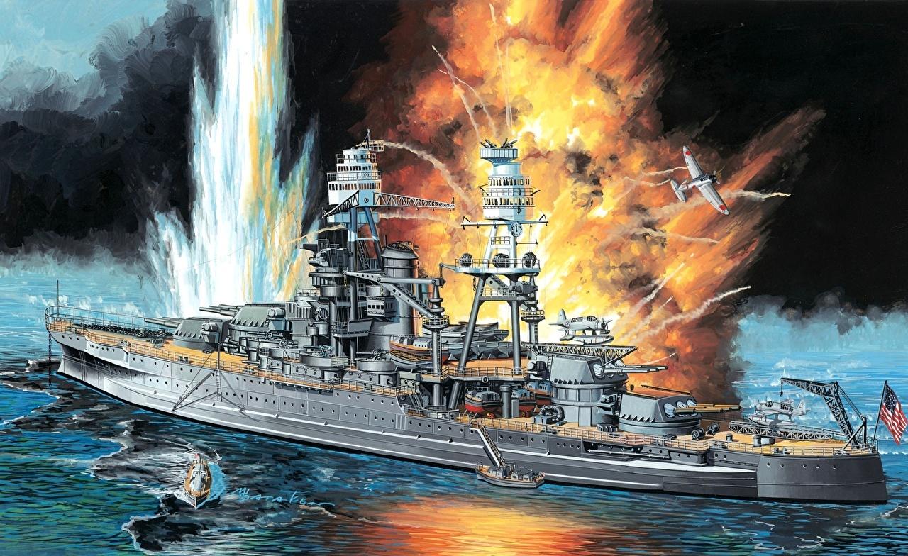 1280x784 Picture Explosions USS, Arizona ship Painting Art military