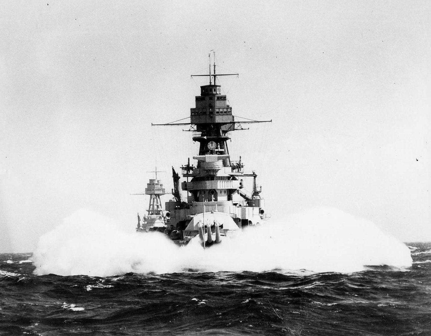 1500x1167 USS Arizona (BB 39) Leading USS Nevada (BB 36) Into A Head Sea, May 1932 [1500 X 1167]