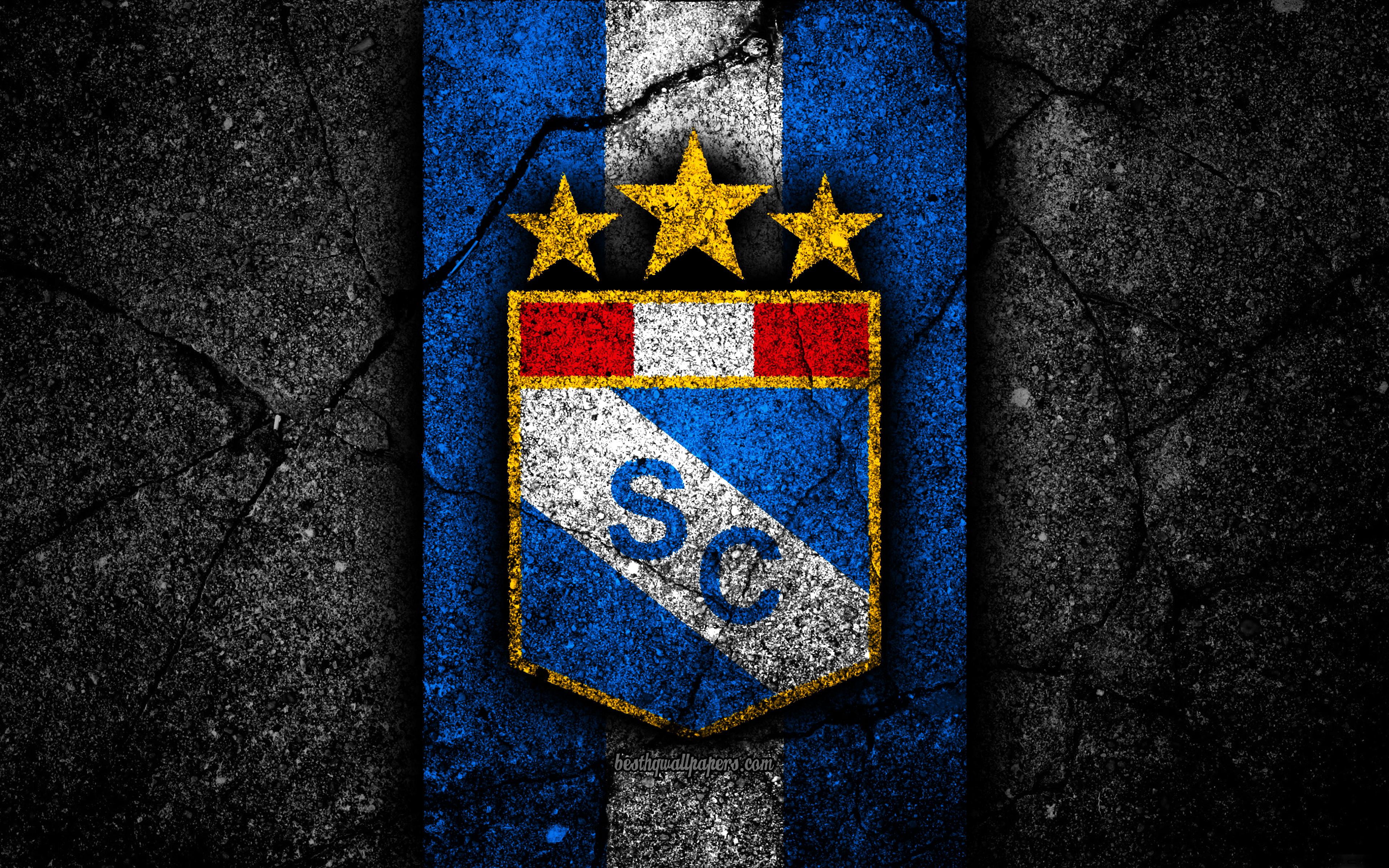3840x2400 Download wallpaper 4k, Sporting Cristal FC, logo, Peruvian Primera Division, grunge, soccer, black stone, Peru, Sporting Cristal, football club, asphalt texture, football, FC Sporting Cristal for desktop with resolution 3840x2400. High Quality