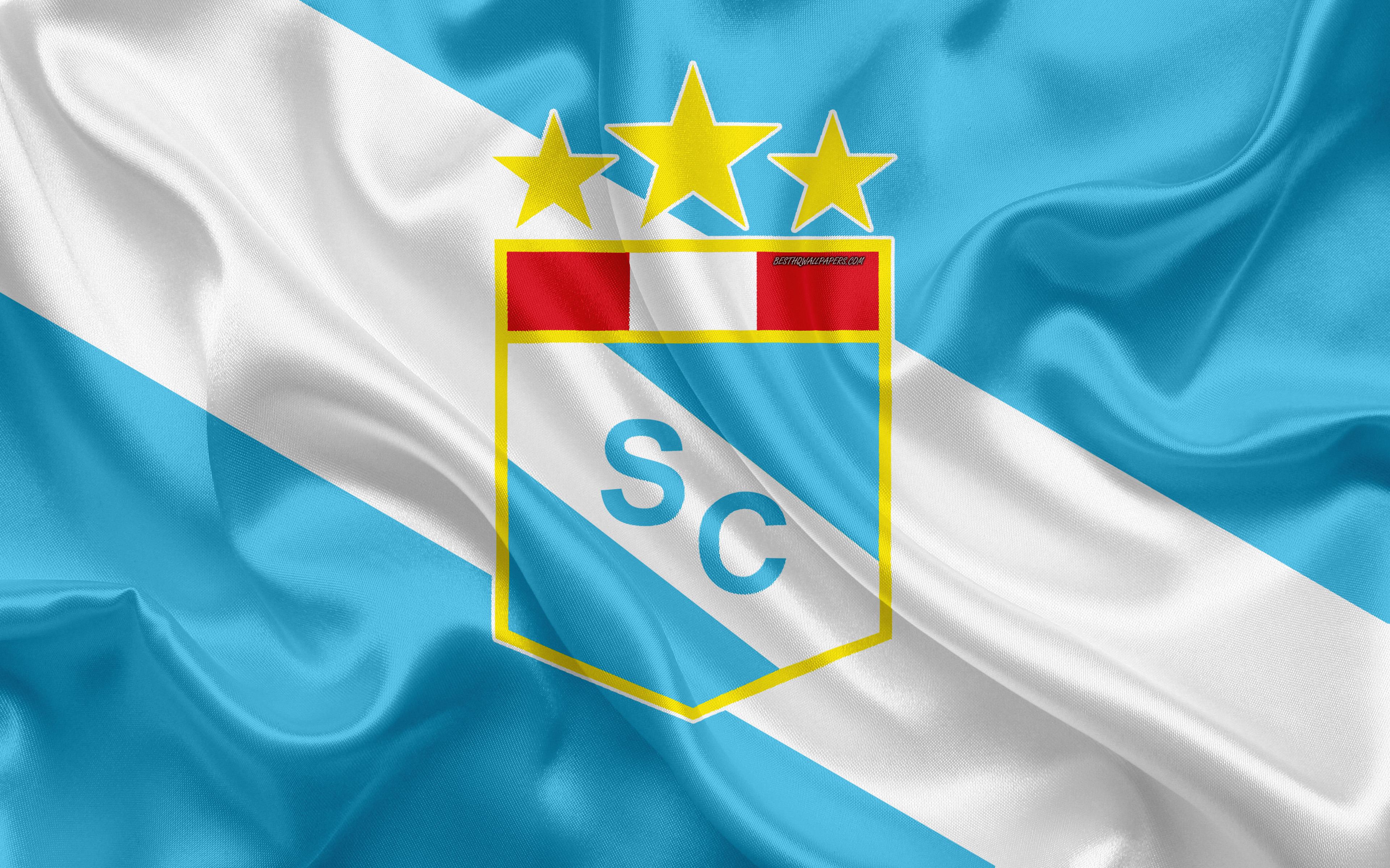 3840x2400 Download wallpaper Sporting Cristal FC, 4k, logo, silk texture, Peruvian football club, blue white flag, Peruvian Primera Division, Lima, Peru, football for desktop with resolution 3840x2400. High Quality HD picture wallpaper