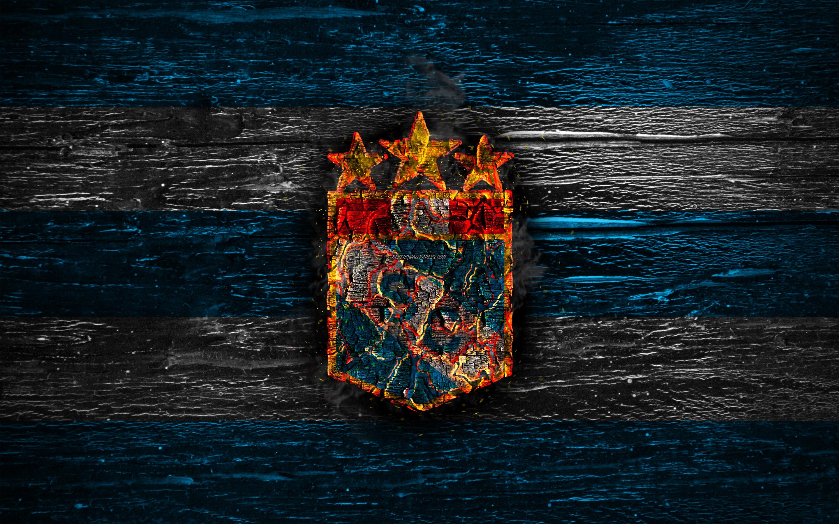 2880x1800 Download wallpaper Sporting Cristal FC, fire logo, Peruvian Primera Division, blue and white lines, Peruvian football club, Club Sporting Cristal, grunge, football, soccer, Sporting Cristal logo, wooden texture, Peru for desktop with