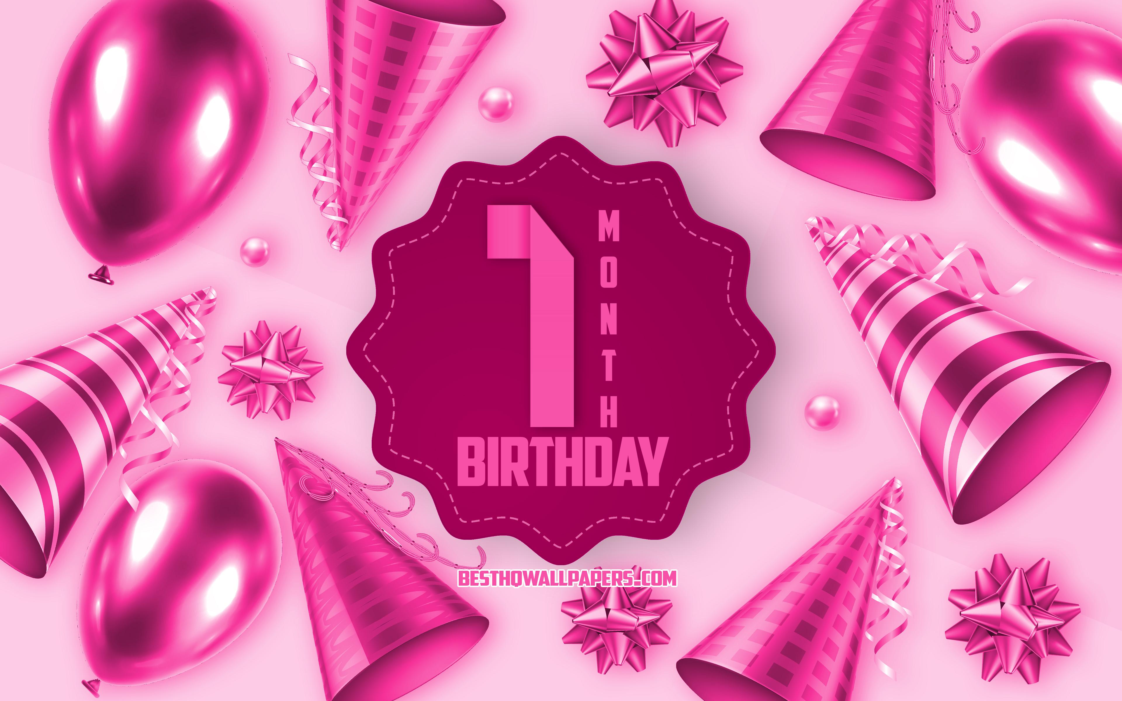 3840x2400 Download wallpaper Happy 1 Month Birthday, Greeting Card, 1 Month Daughter birthday, Pink Baby Birthday Background, 1 Month of my little girl, Happy 1st Month birthday, silk bows, 1st Month Birthday, Happy