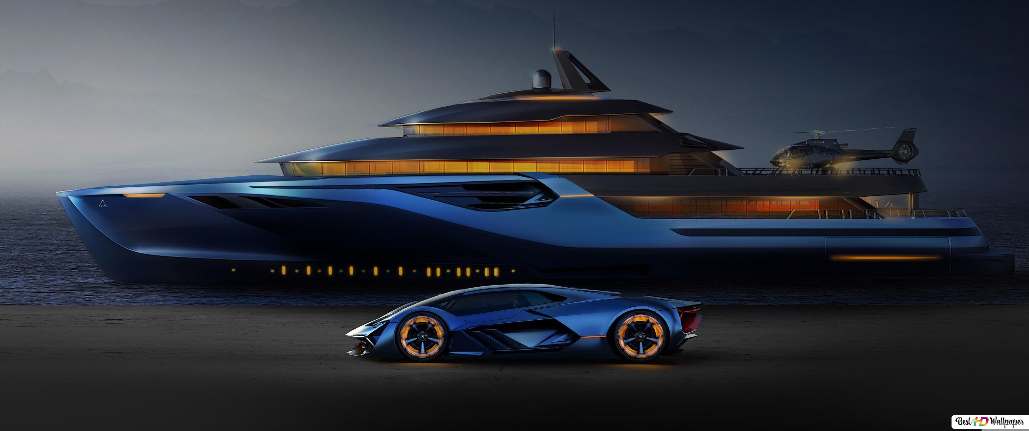 3440x1440 Electric Lamborghini Hypercar, same style Yacht Ultra HD HD wallpaper download