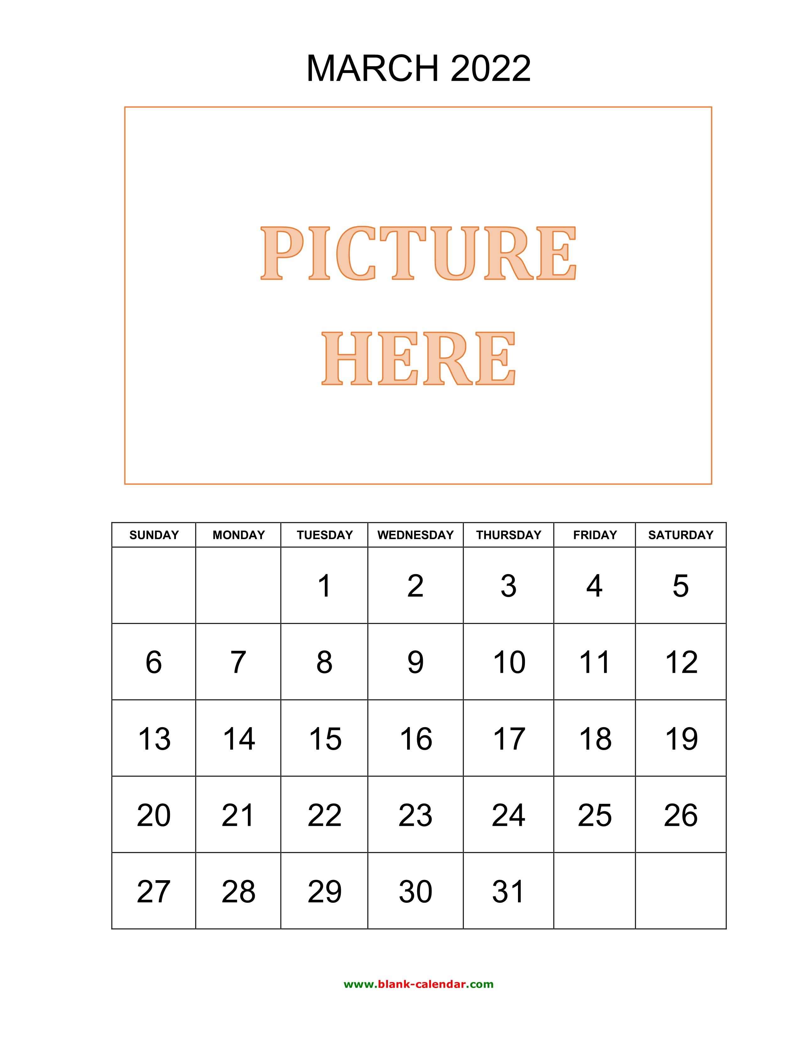 2550x3300 Free Download Printable March 2022 Calendar, picture can be placed