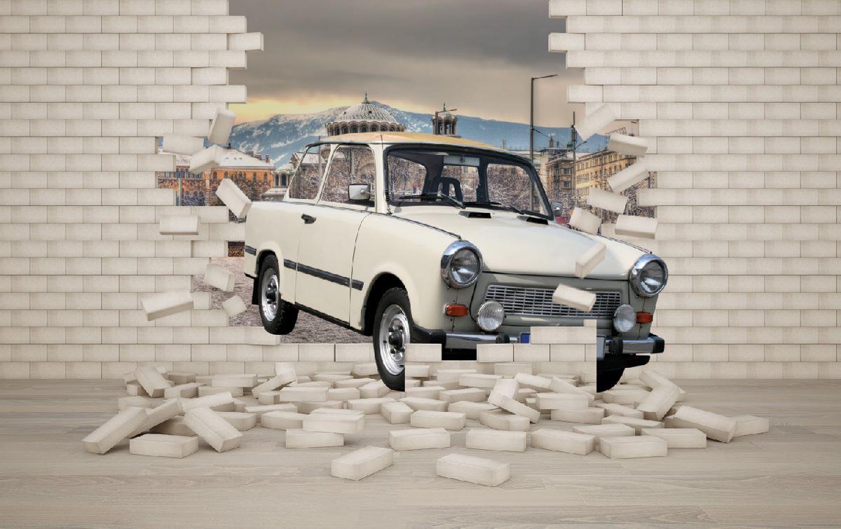 1200x755 Wall murals 3D effect broken brick wall with Trabant