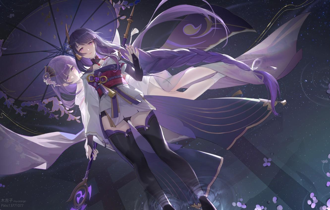 1332x850 Wallpaper water, night, weapons, girls, umbrella, fantasy, Genshin Impact, Raiden Shogun, Raiden Makoto image for desktop, section игры