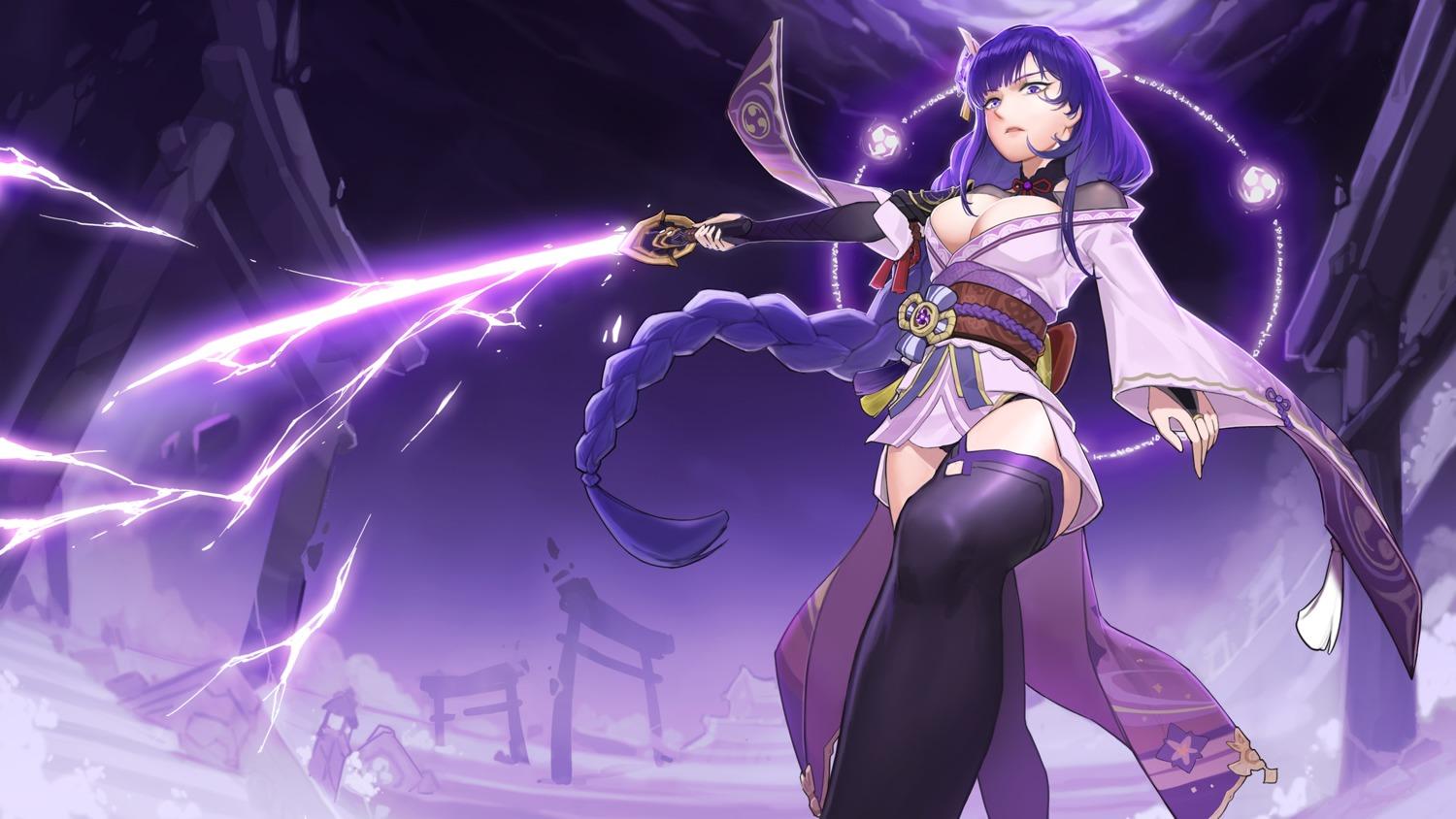 1500x844 genshin impact raiden shogun japanese clothes no bra open shirt pantsu sword tagme thighhighs wallpaper