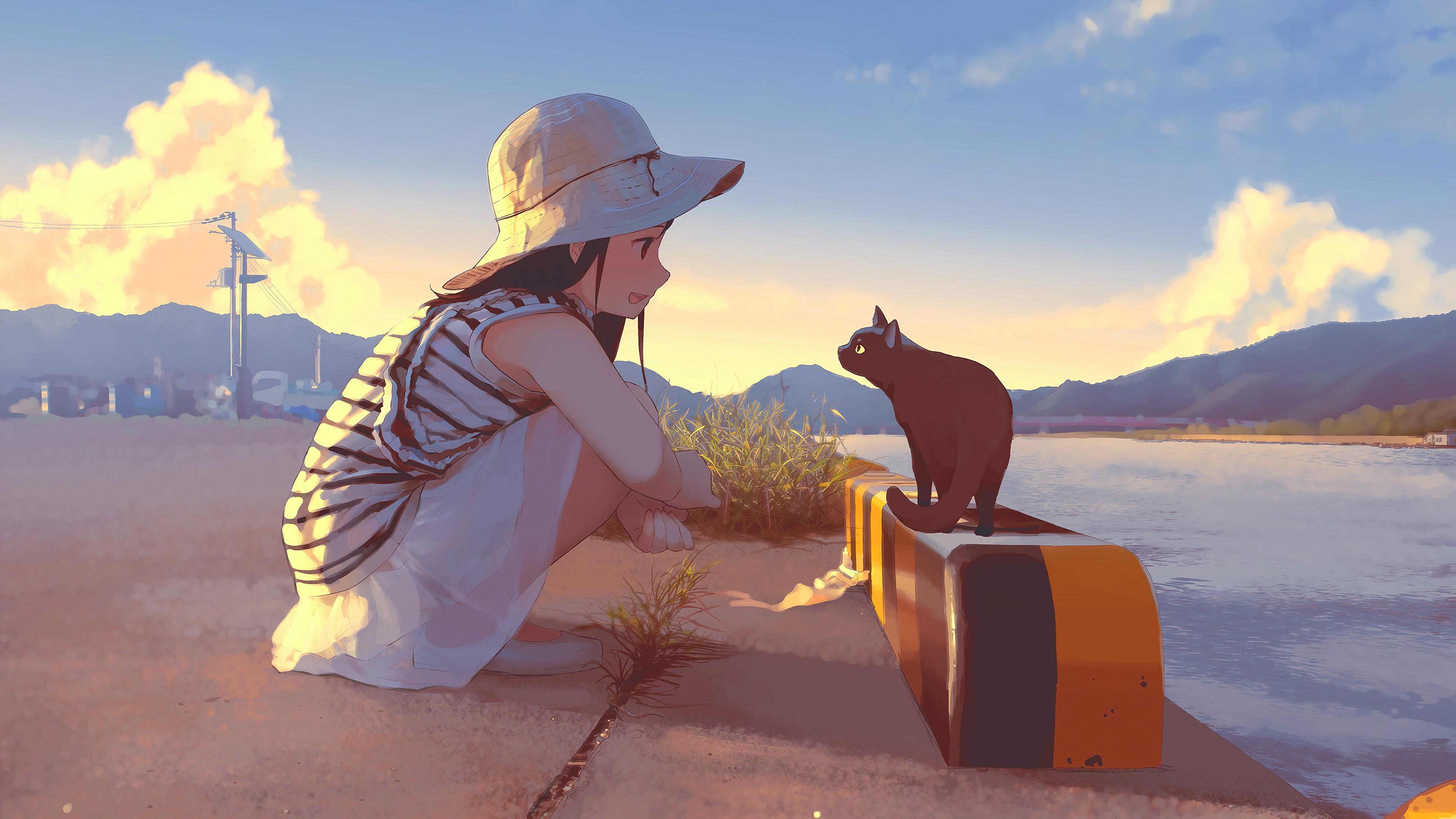 3840x2160 Anime Girl Staring Cat 4K Wallpaper