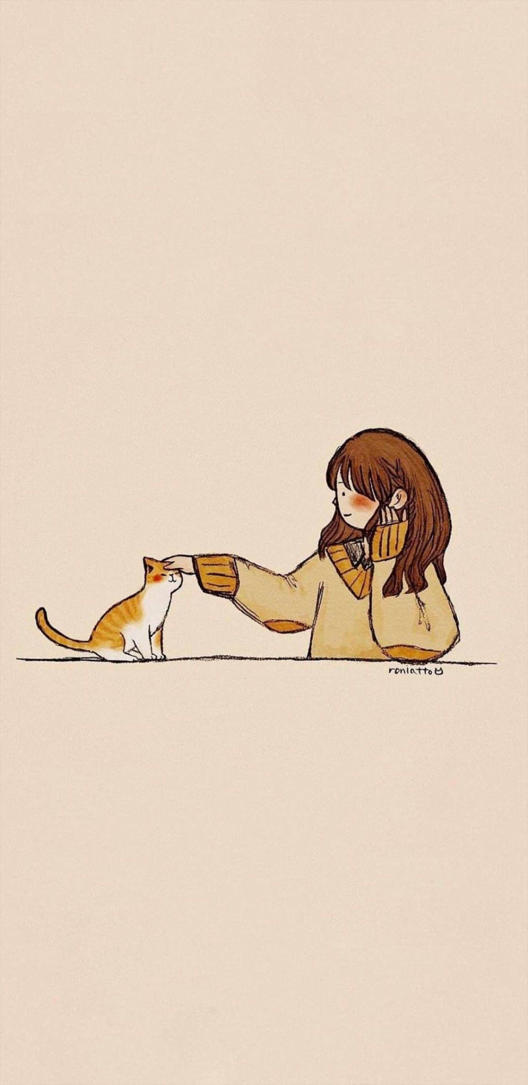 1080x2220 Girl petting cute cat wallpaper. Cute cartoon wallpaper, Cartoon art styles, Cute drawings