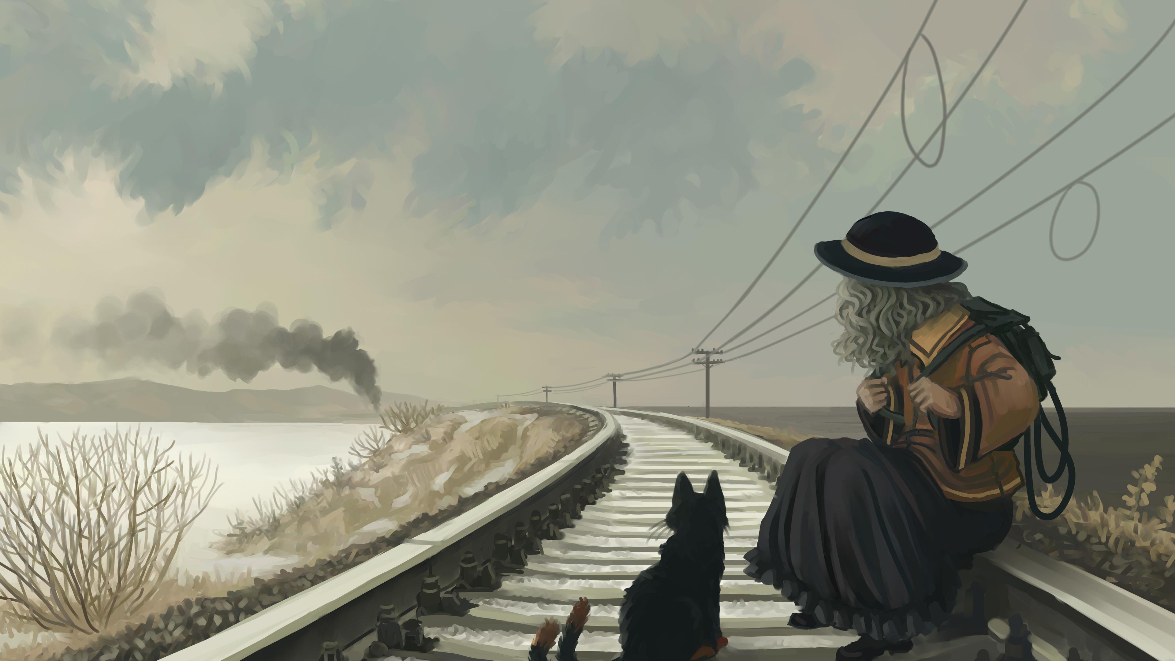 3840x2160 Wallpaper 4k Anime Girl With Cat On Railroad Wallpaper