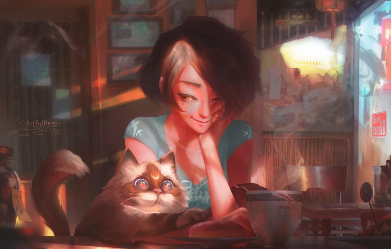 1332x850 Wallpaper girl, food, cat, art, mood, shop, painted, Paul Nong, artfulbeast image for desktop, section арт