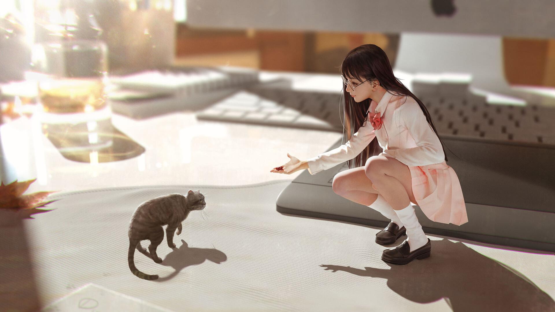 1920x1080 Anime Girl Cat Laptop Full HD 1080P HD 4k Wallpaper, Image, Background, Photo and Picture