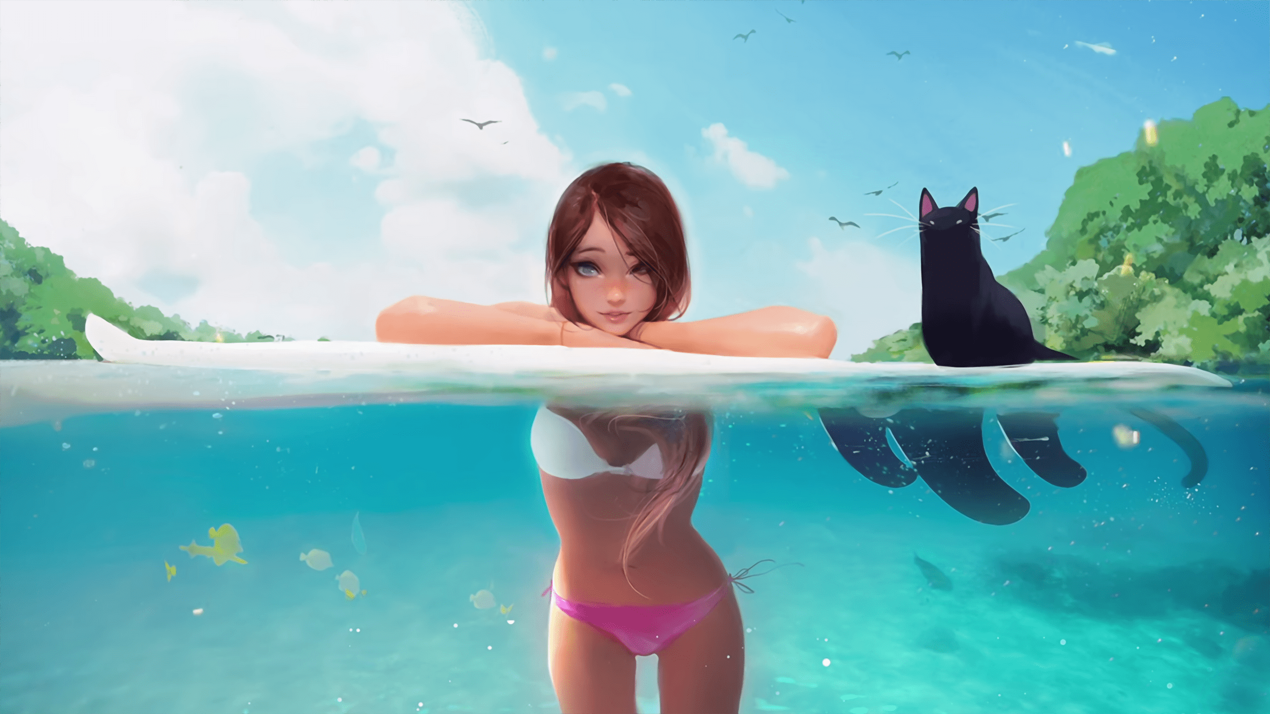 2560x1440 Girl and Cat HD wallpaper