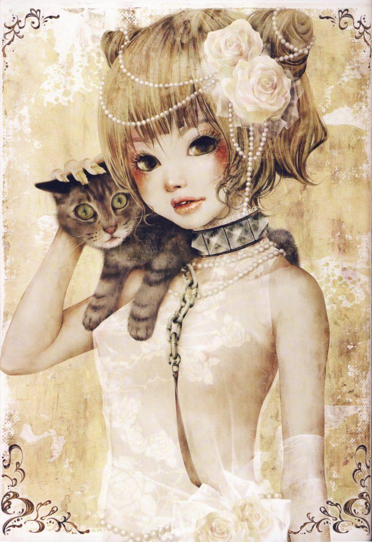 748x1088 anime, Girl, Artwork, Beautiful, Short, Cat, Rose, Animal, Cute, Hair Wallpaper HD / Desktop and Mobile Background