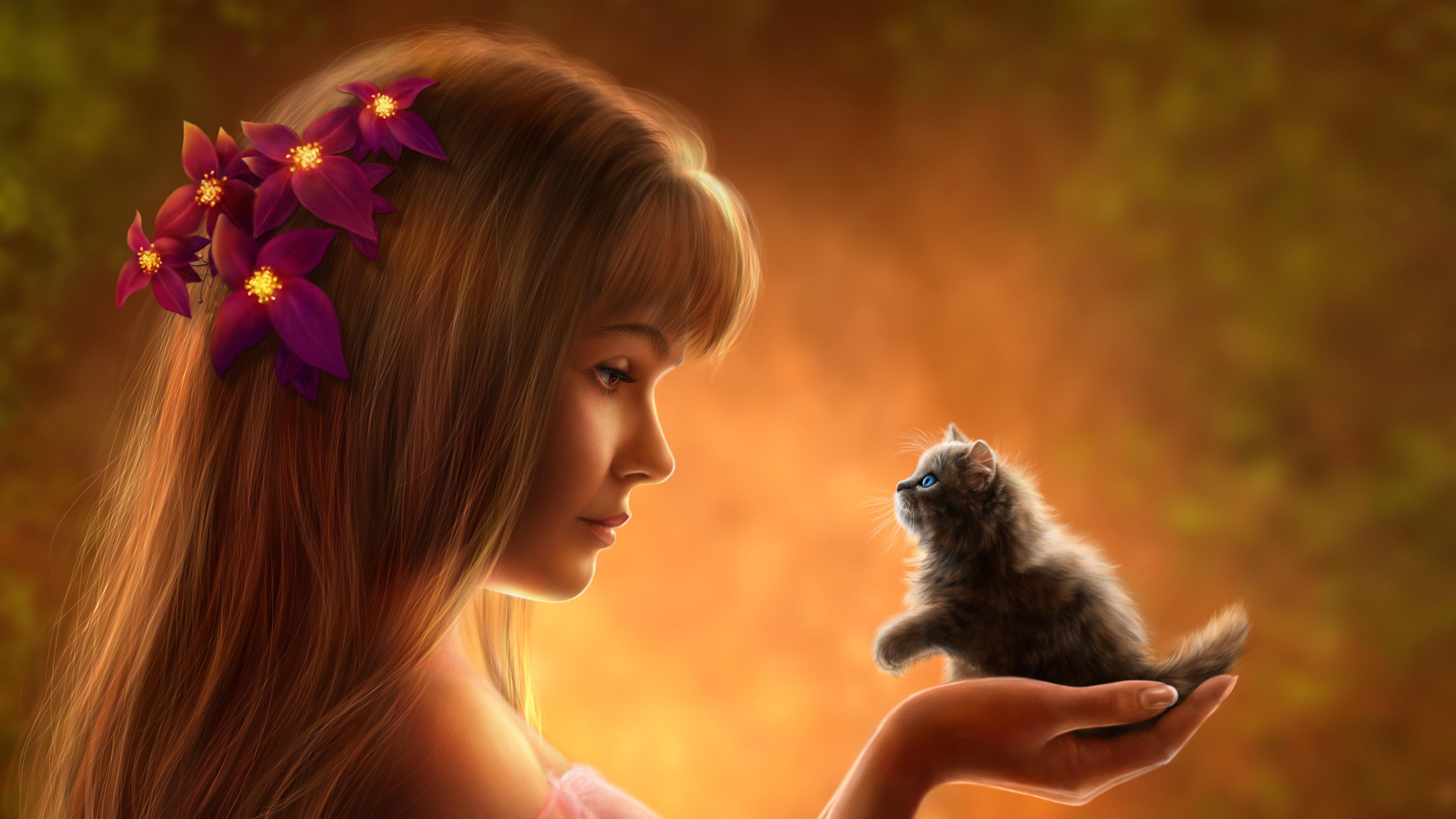 3740x2104 Girl Holding Small Cat In Hand Artwork iPad Air HD 4k Wallpaper, Image, Background, Photo and Picture