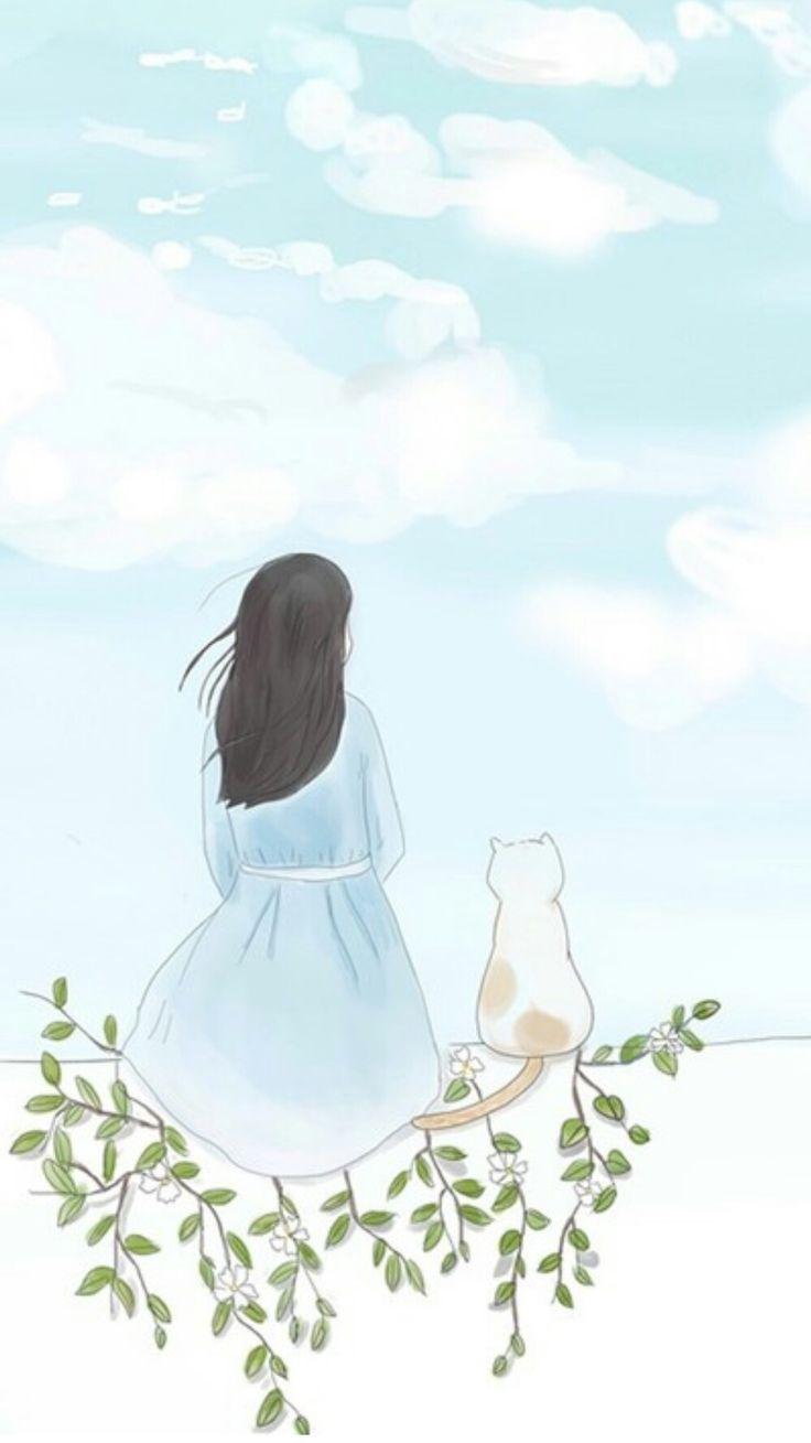 736x1309 Girl And Cat Sitting Down Drawing - Cool drawings, Girly art, Anime art girl